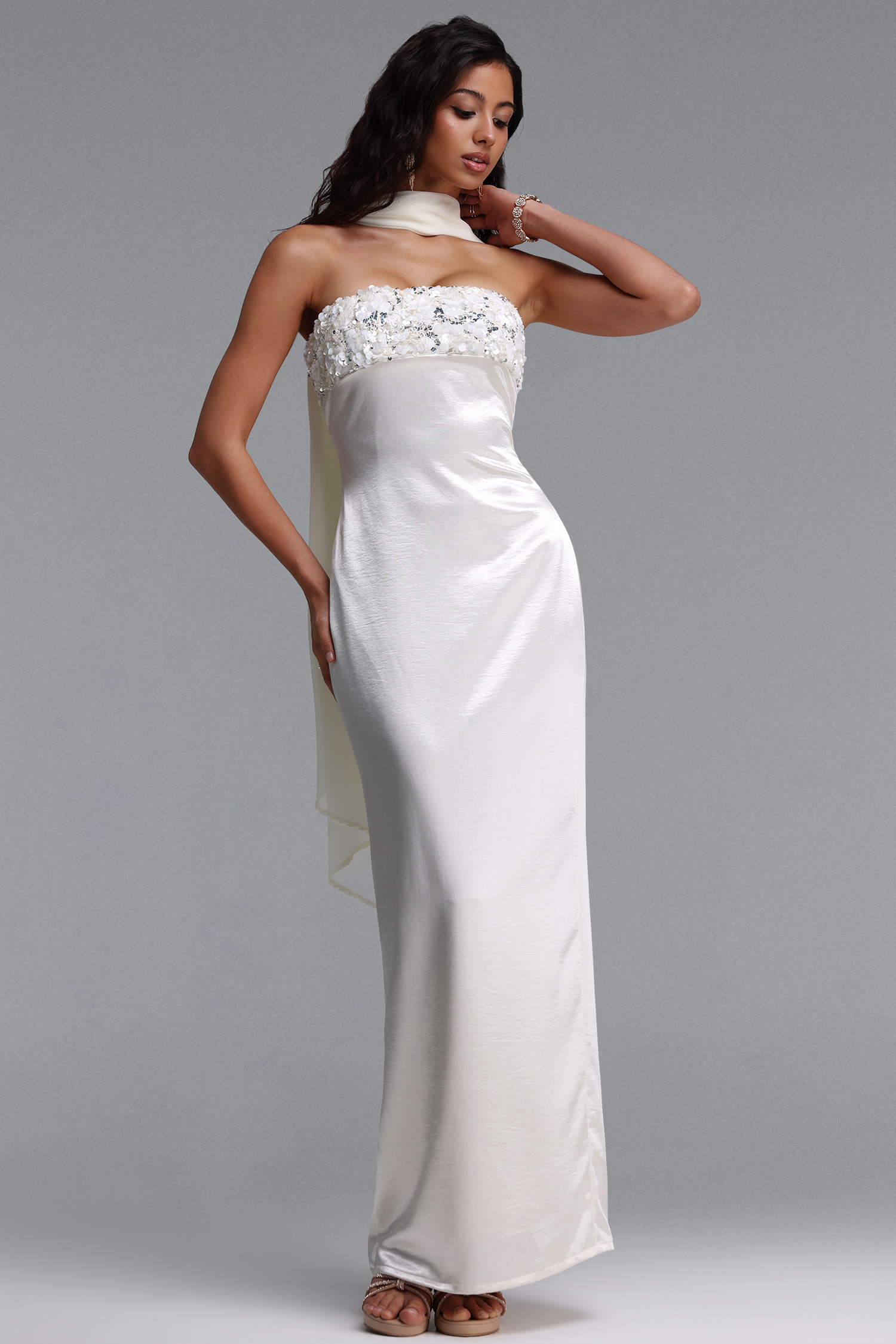 Kahlo Elegant Contour Strapless Floral Ribbon Satin Maxi Dress