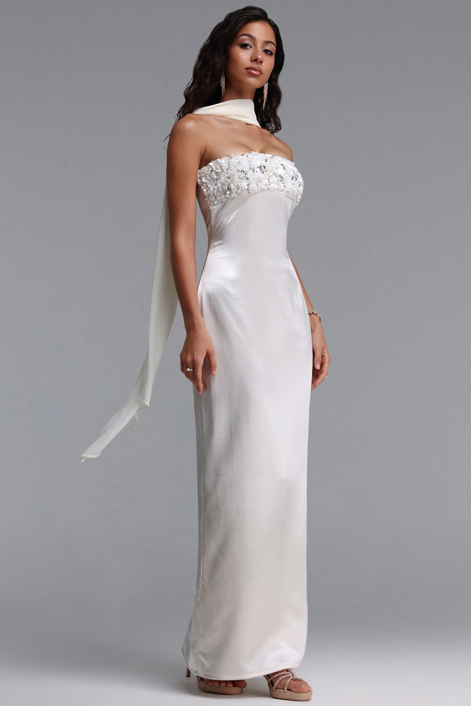 Kahlo Elegant Contour Strapless Floral Ribbon Satin Maxi Dress