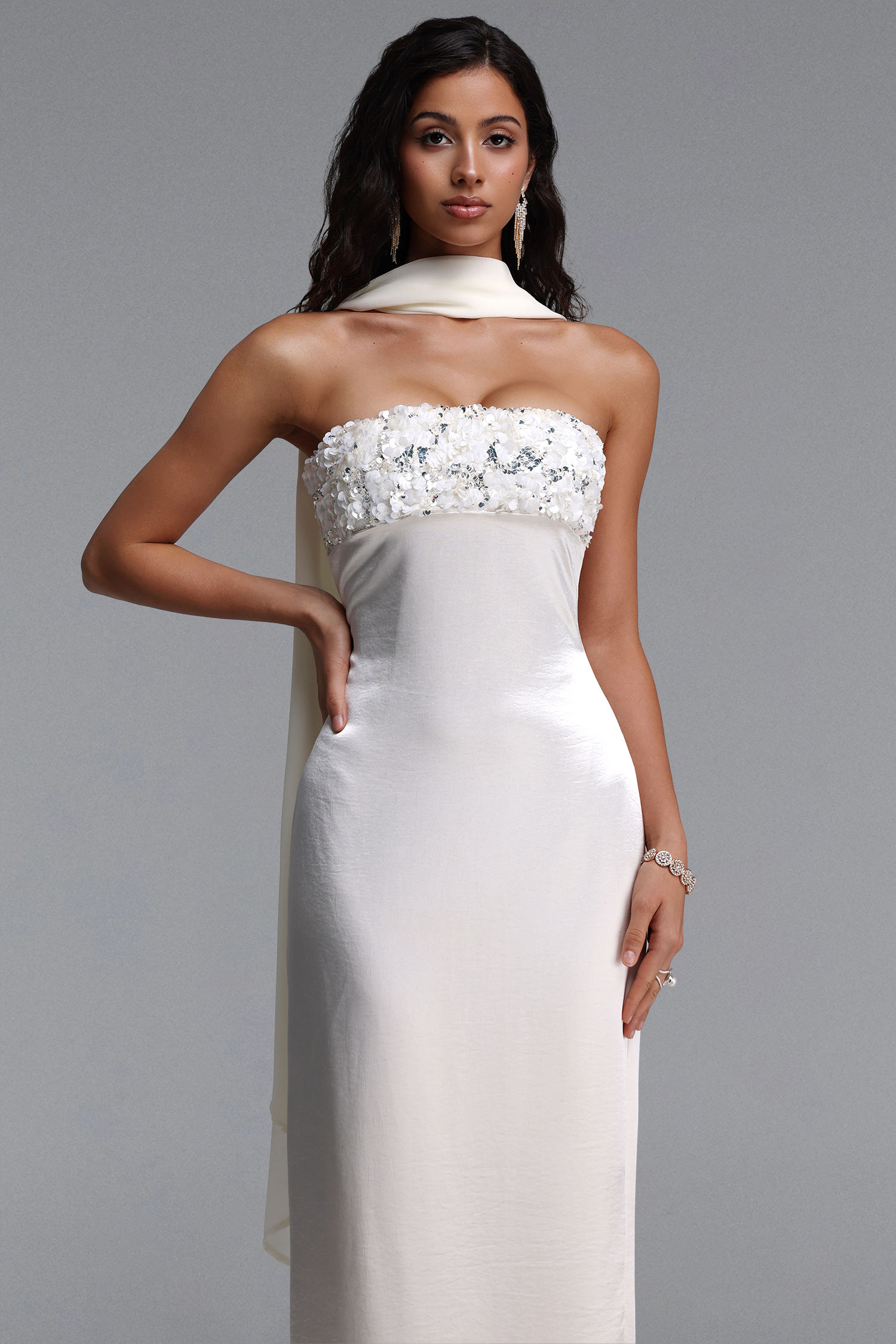 Kahlo Elegant Contour Strapless Floral Ribbon Satin Maxi Dress
