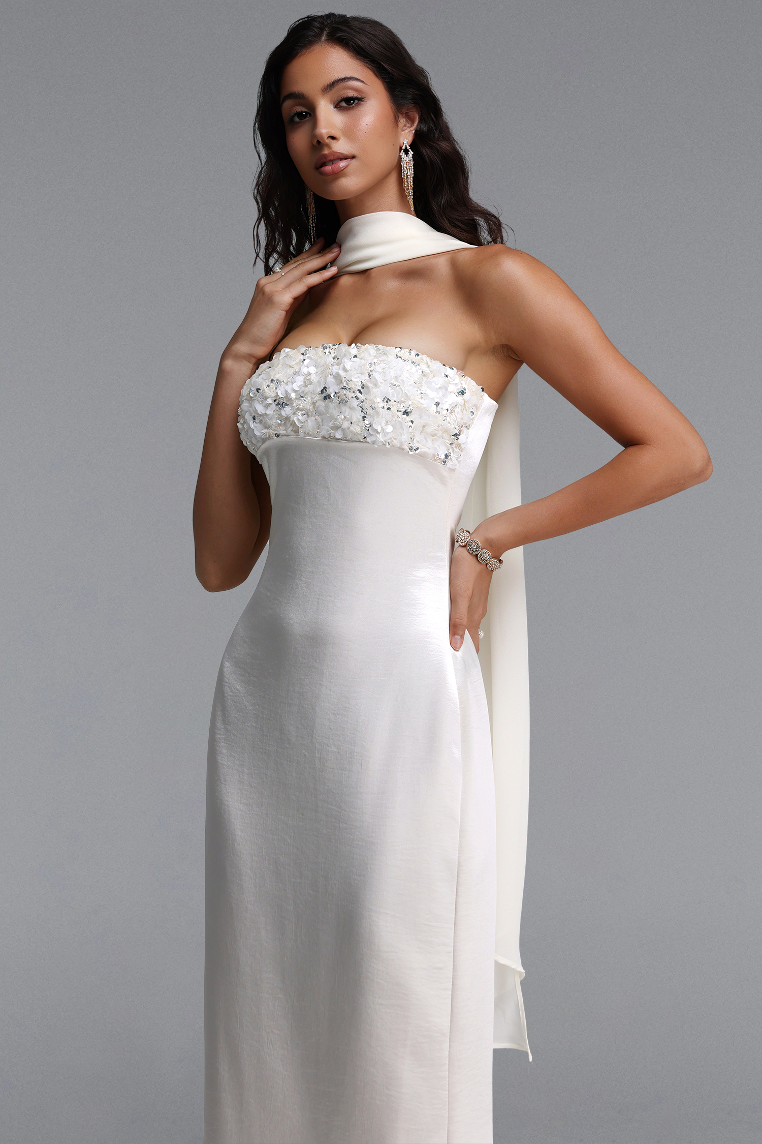 Kahlo Elegant Contour Strapless Floral Ribbon Satin Maxi Dress