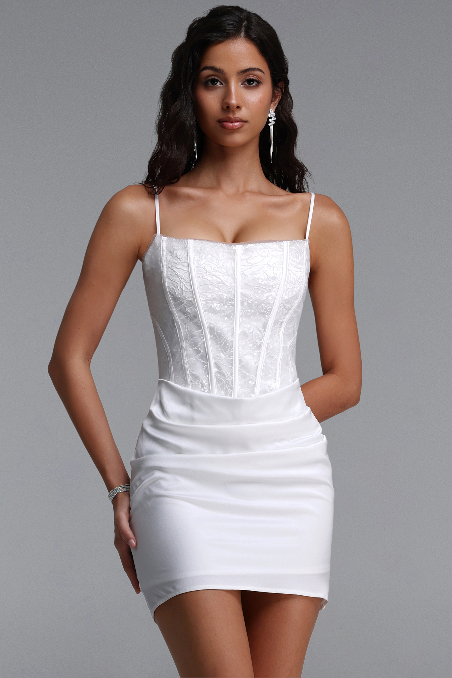 Slare Romantic Tailored Square Neck Pleated Lace Satin White Mini Dress