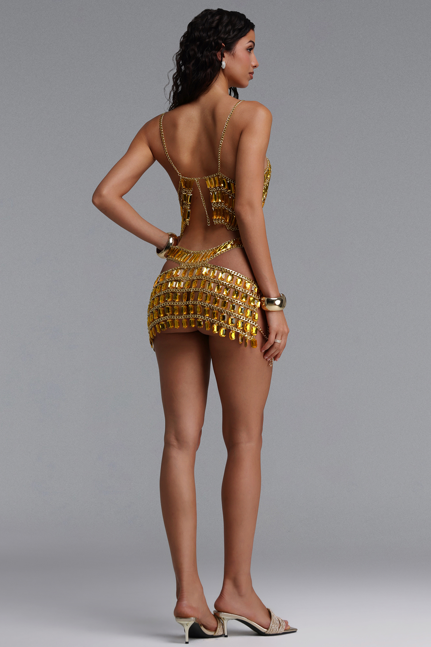 Tersa Sexy Sparkling Square Rhinestone Metallic Top And Cutout Two-Piece Set
