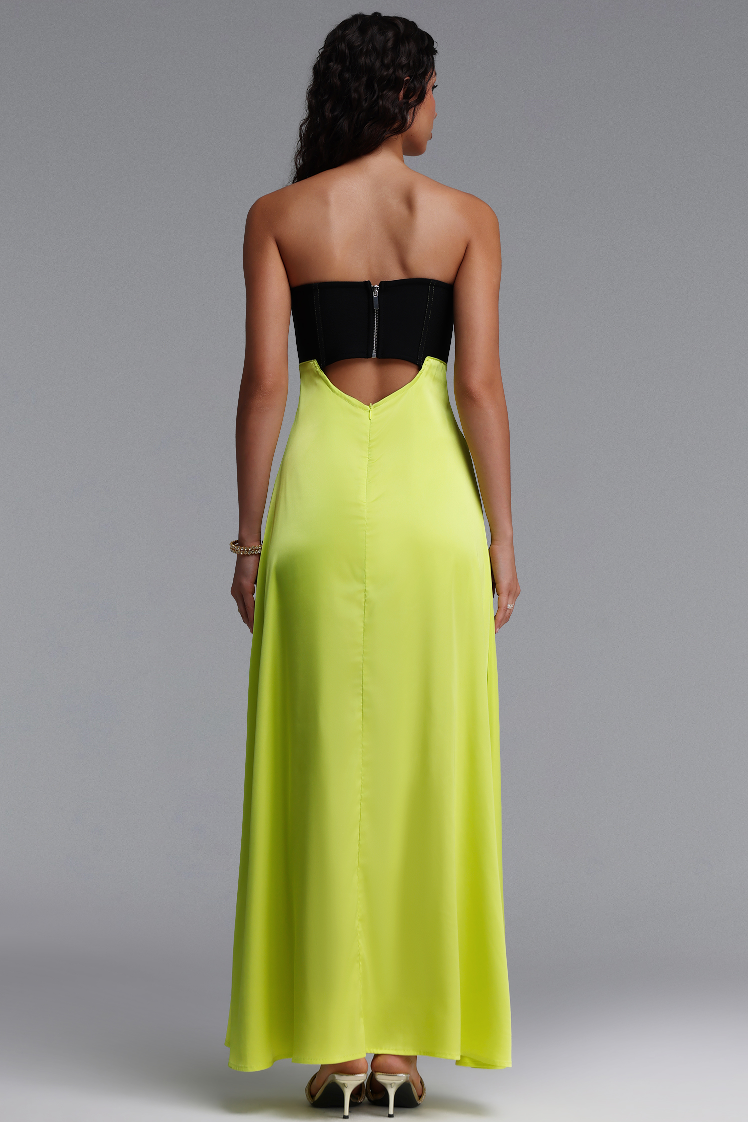 Perrine Chic Slim Strapless Boned Hollow Out Color Block Maxi Dress
