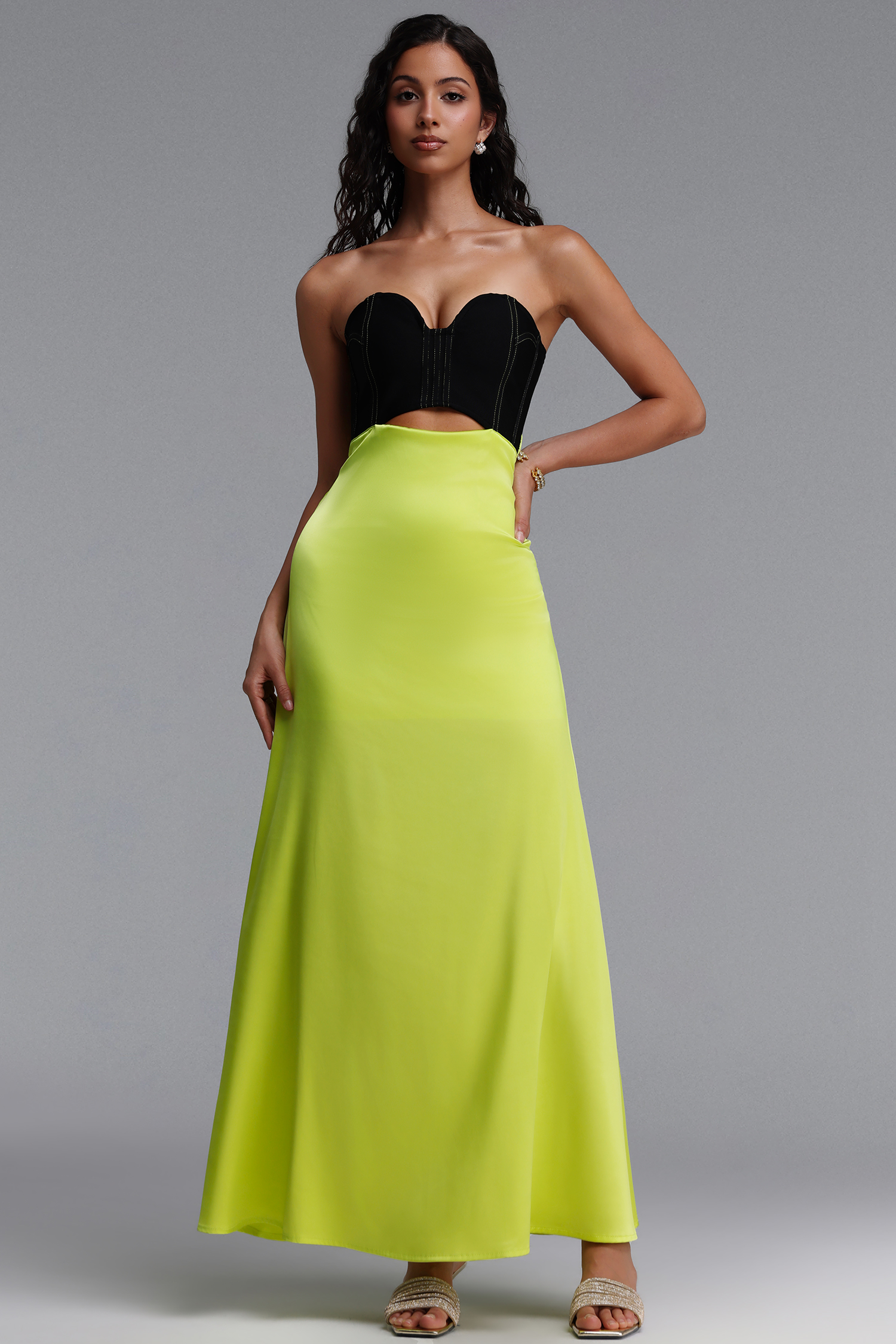 Perrine Chic Slim Strapless Boned Hollow Out Color Block Maxi Dress