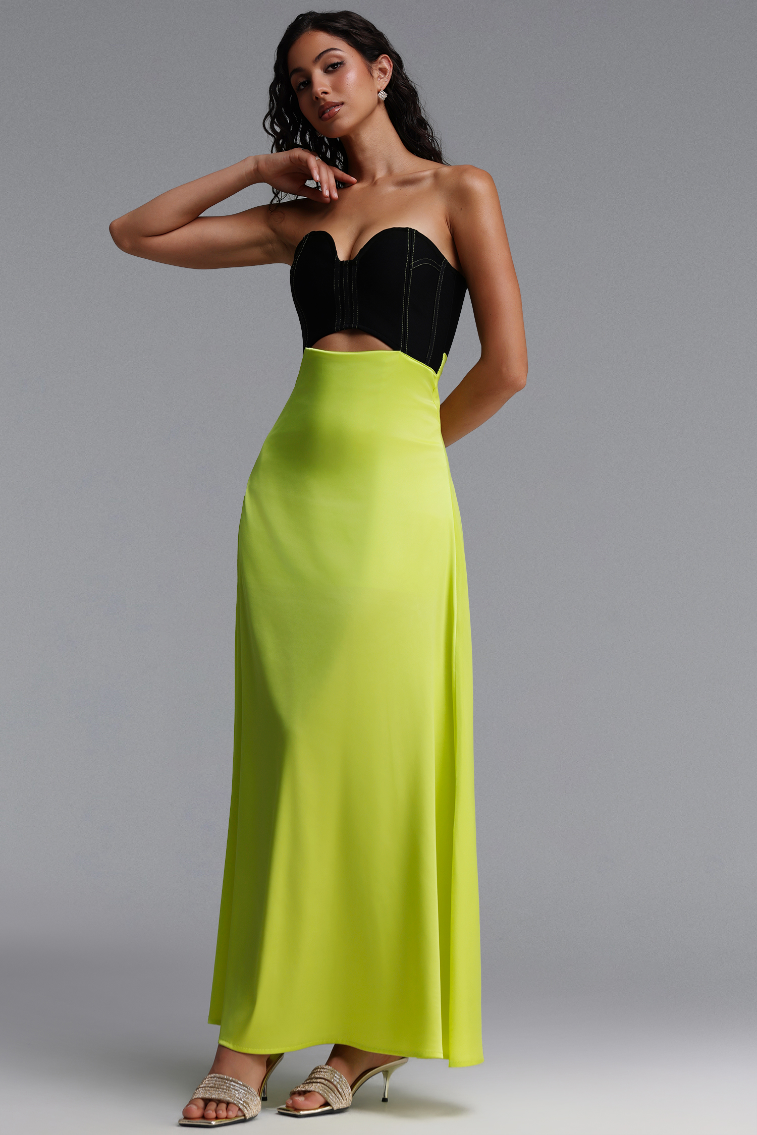 Perrine Chic Slim Strapless Boned Hollow Out Color Block Maxi Dress
