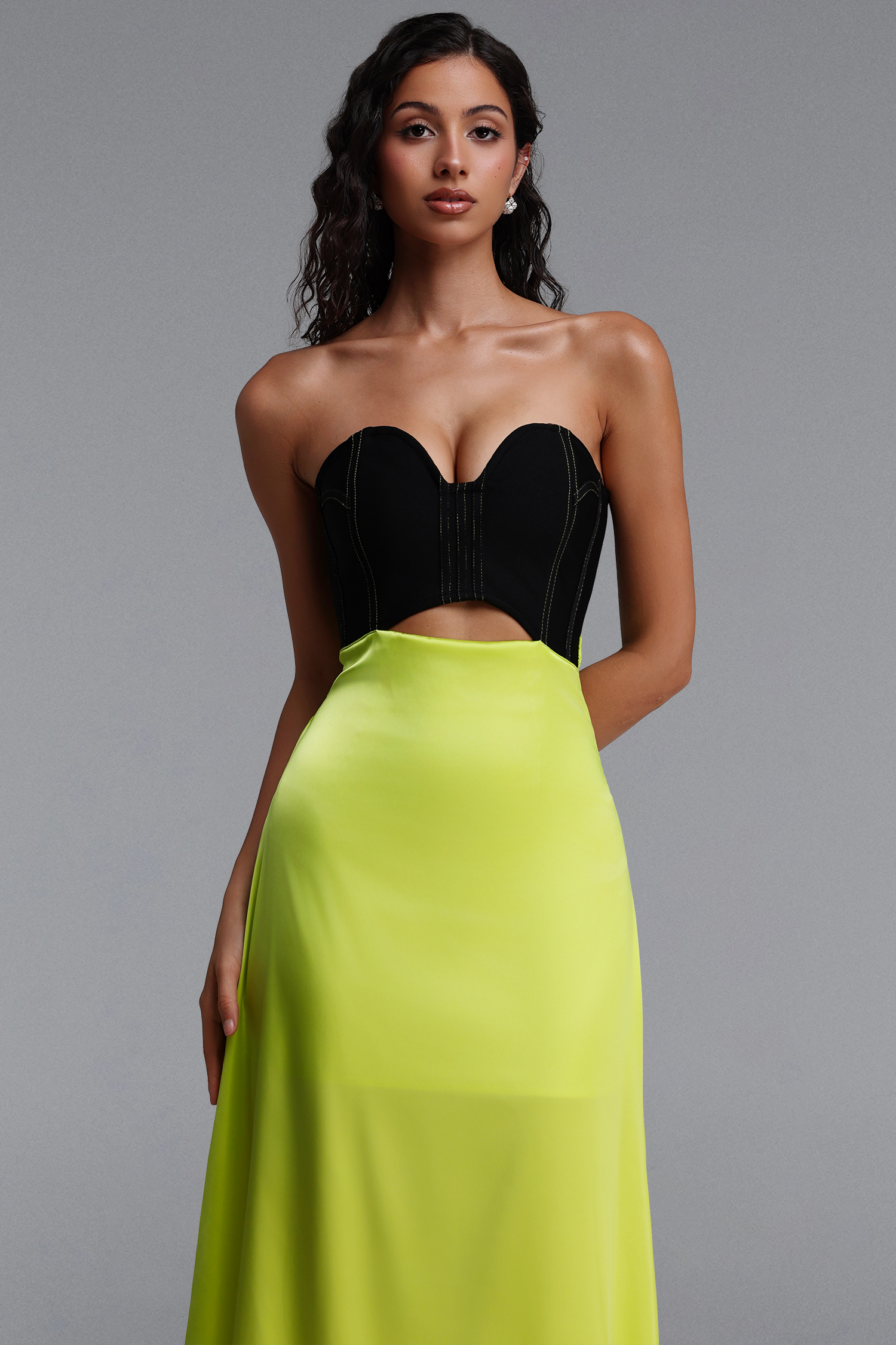 Perrine Chic Slim Strapless Boned Hollow Out Color Block Maxi Dress