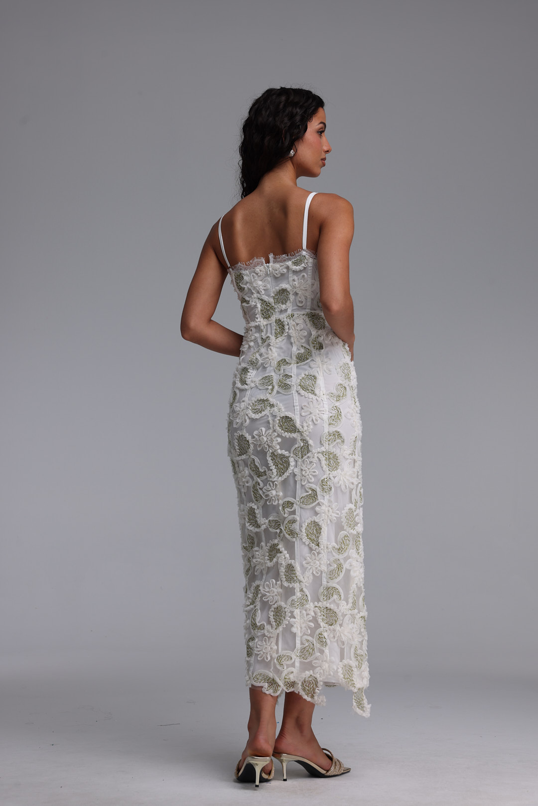 Rivka Exquisite Cinched-Waist Spaghetti Strap Paisley Embroidered Maxi Dress