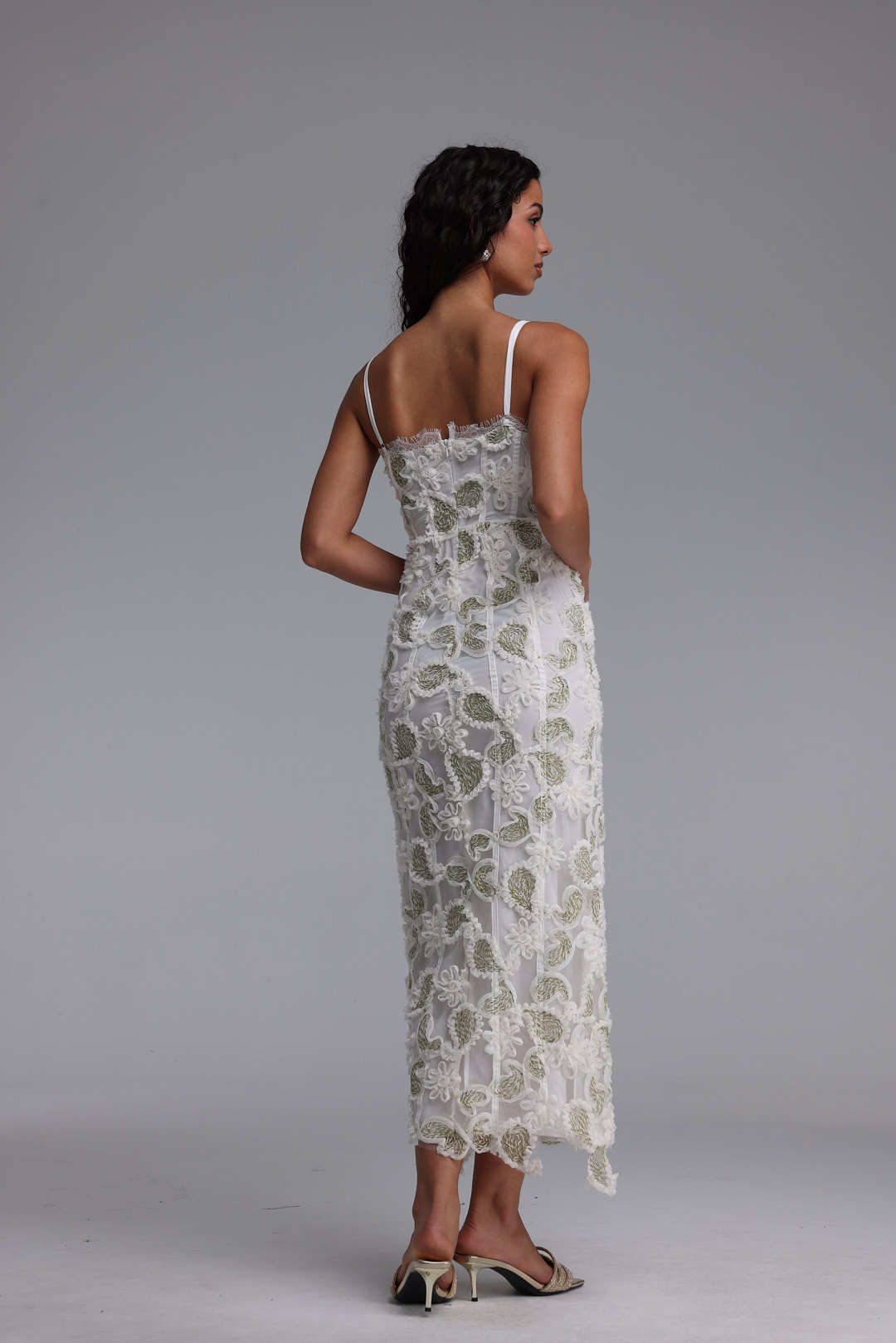 Rivka Exquisite Cinched-Waist Spaghetti Strap Paisley Embroidered Maxi Dress