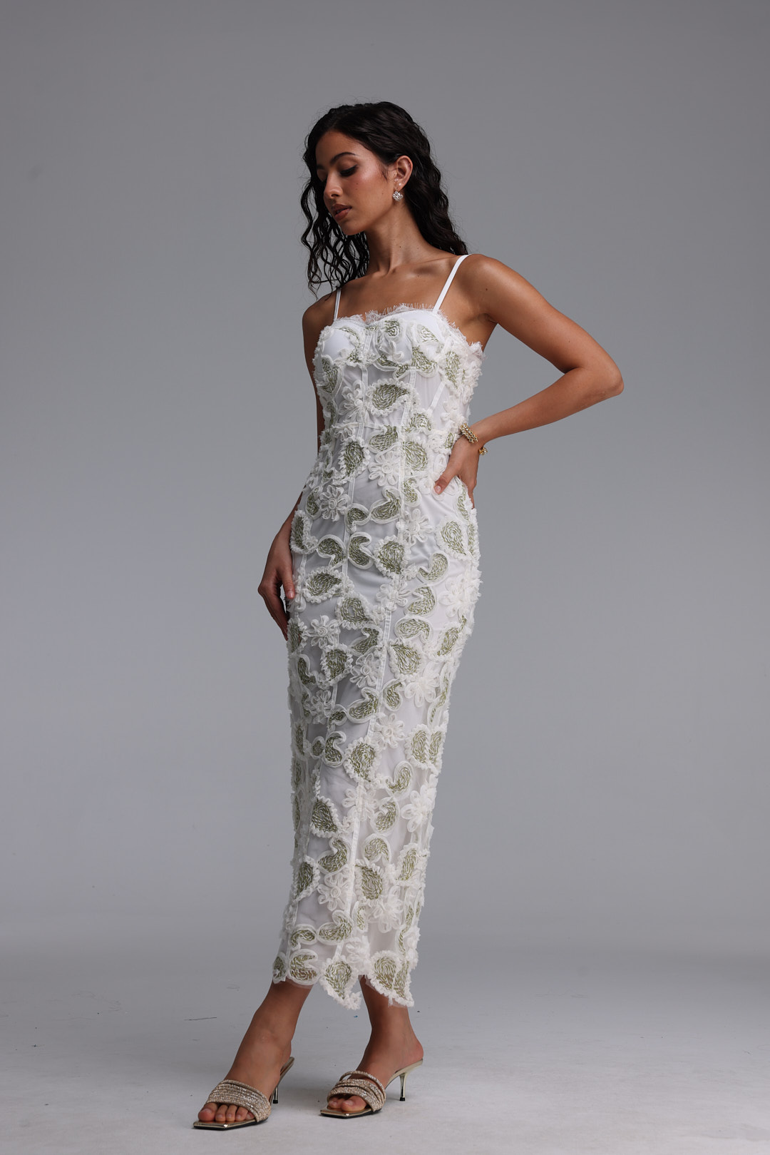 Rivka Exquisite Cinched-Waist Spaghetti Strap Paisley Embroidered Maxi Dress