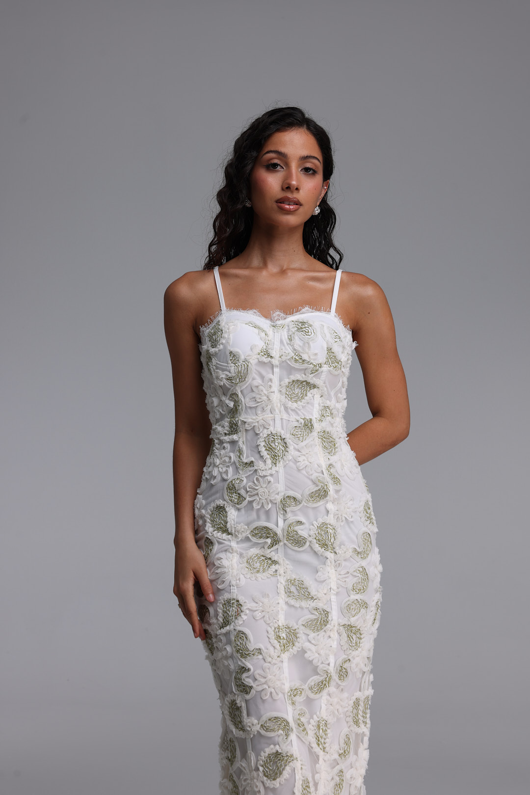 Rivka Exquisite Cinched-Waist Spaghetti Strap Paisley Embroidered Maxi Dress