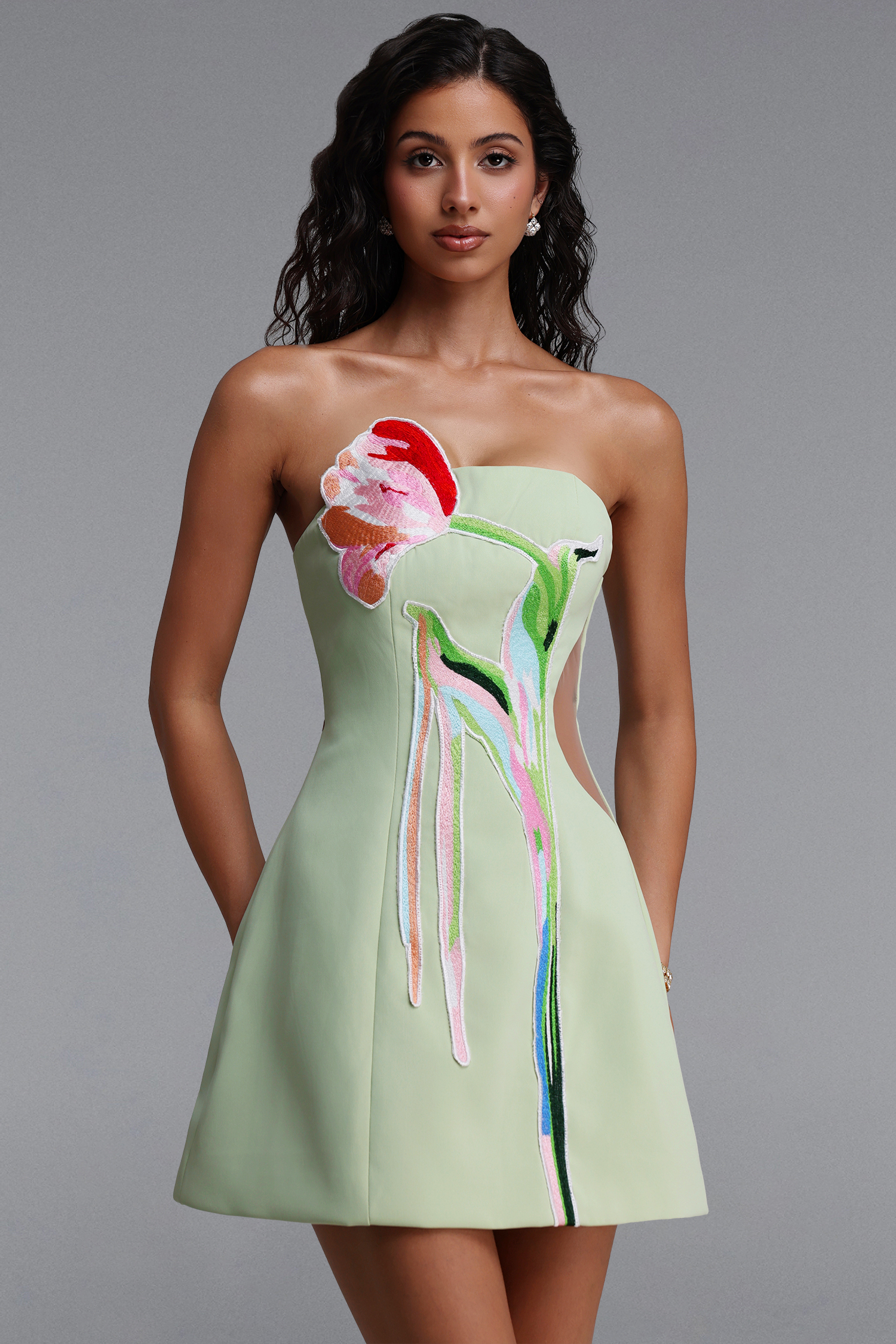 Martine Elegant Cinched-Waist Strapless Floral Embroidery Mini Dress