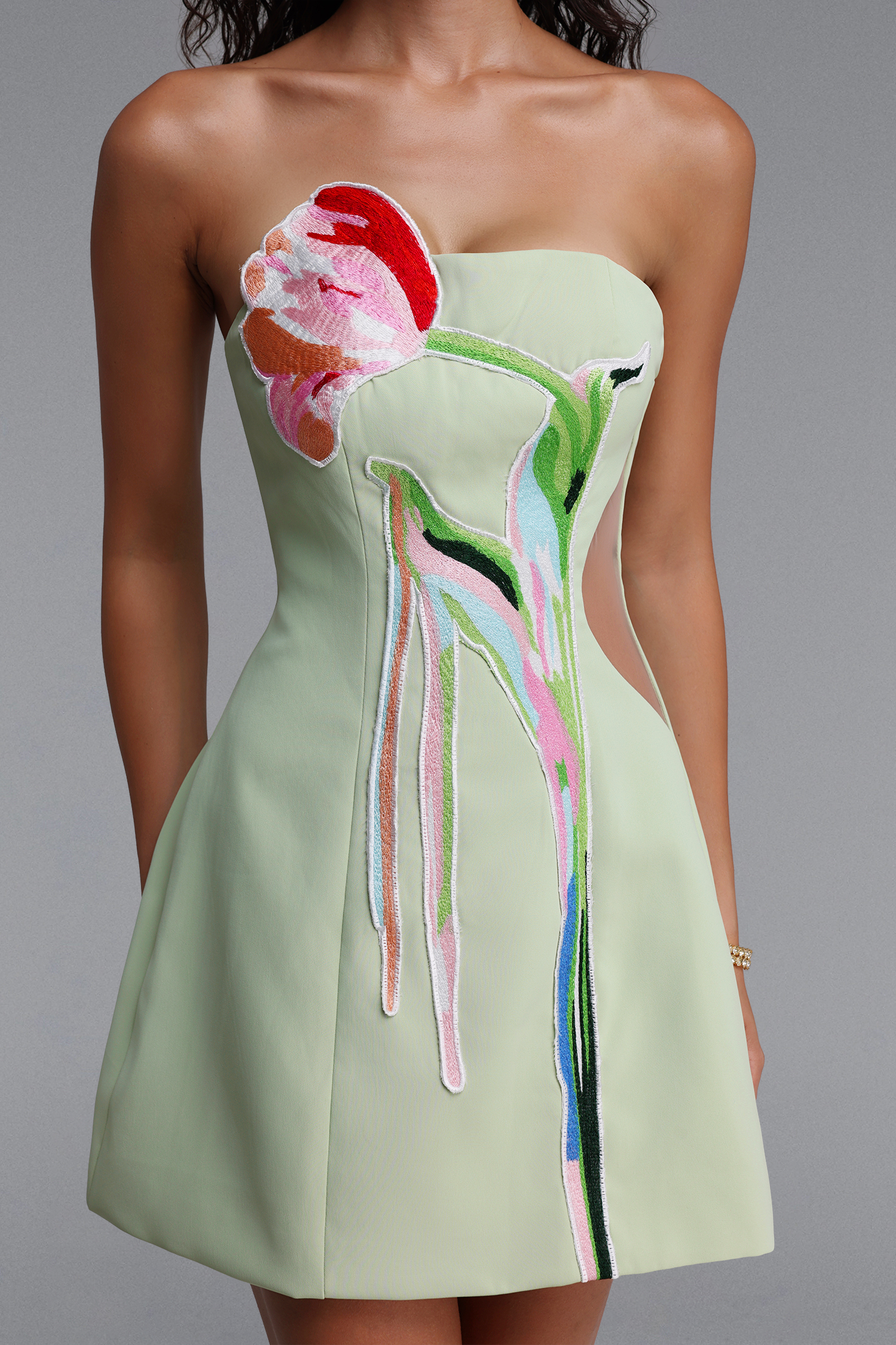 Martine Elegant Cinched-Waist Strapless Floral Embroidery Mini Dress