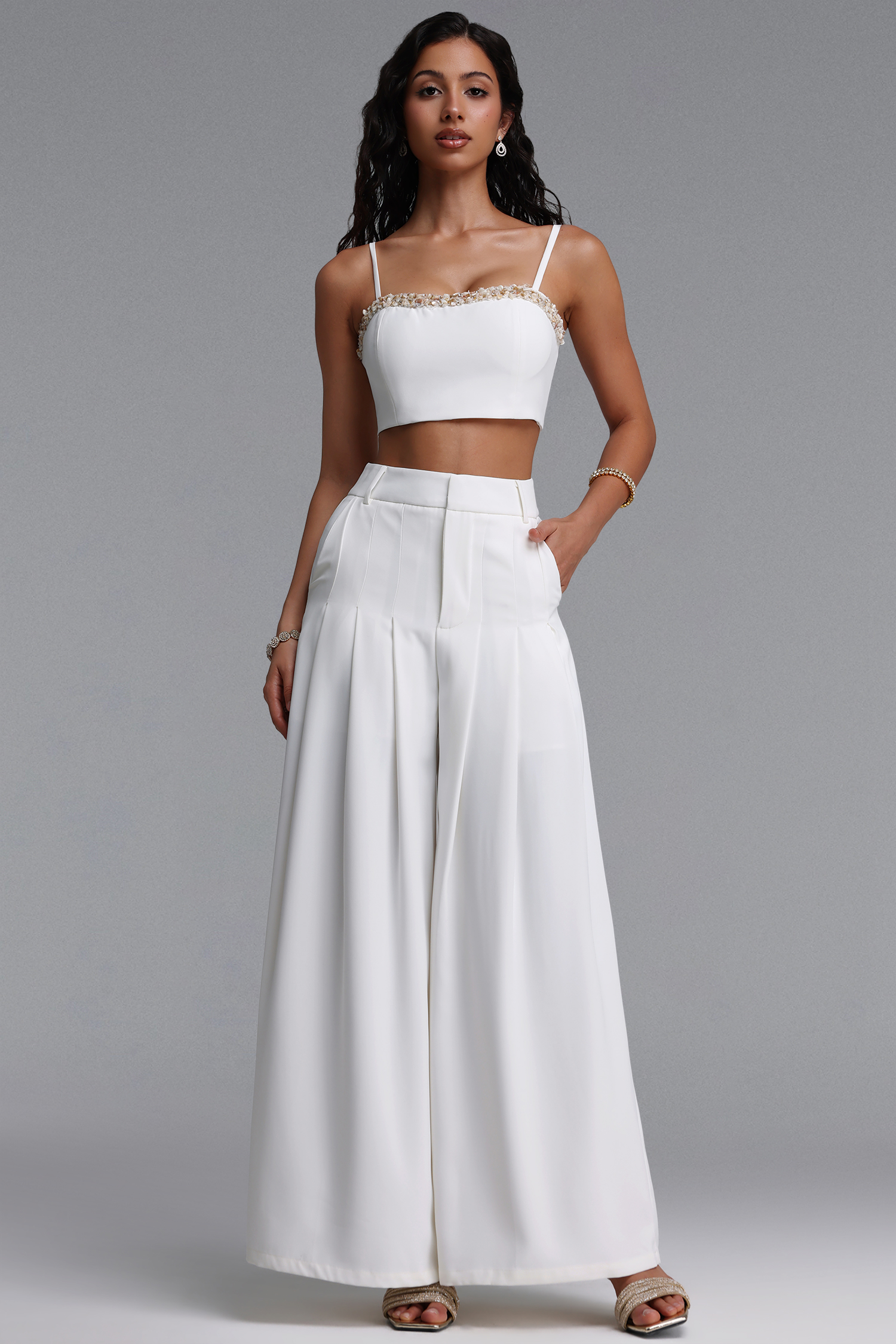 Mota Elegant Tailored Sleeveless Crop Top And Wide Leg Pants Two-Piece Set