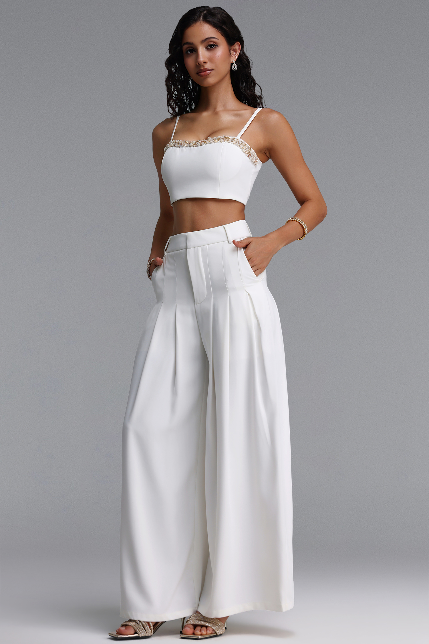 Mota Elegant Tailored Sleeveless Crop Top And Wide Leg Pants Two-Piece Set