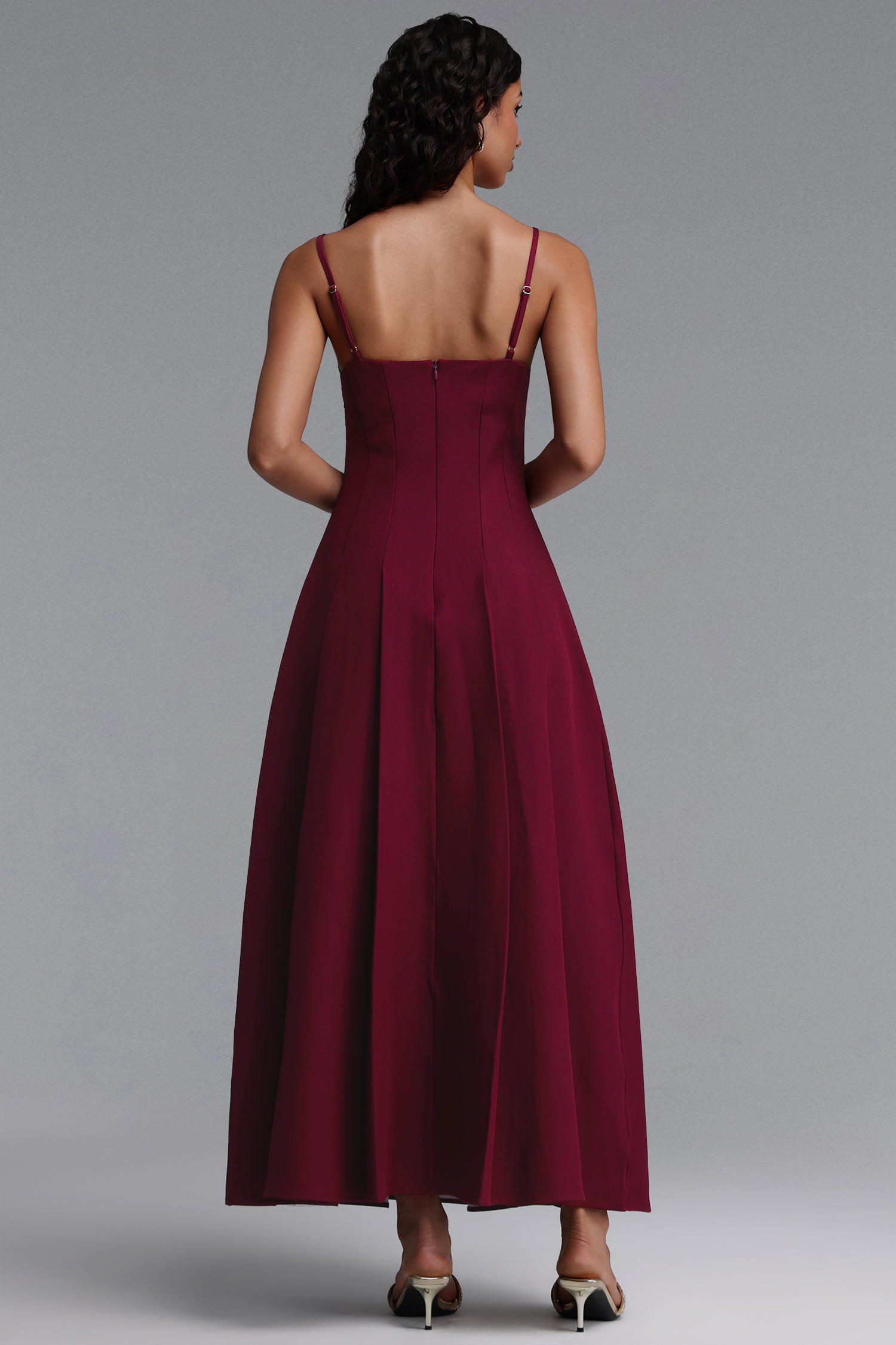 Yvan Elegant Cinched-Waist Spaghetti Strap Embroidered A-Line Maxi Dress