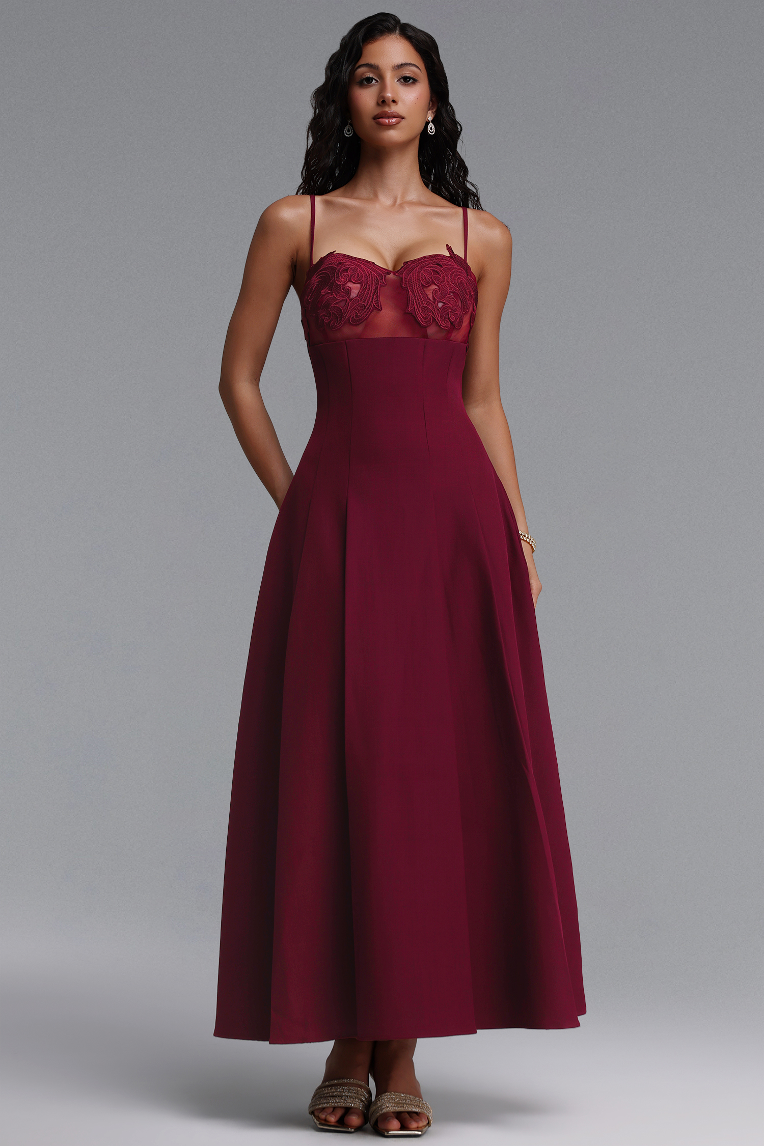 Yvan Elegant Cinched-Waist Spaghetti Strap Embroidered A-Line Maxi Dress