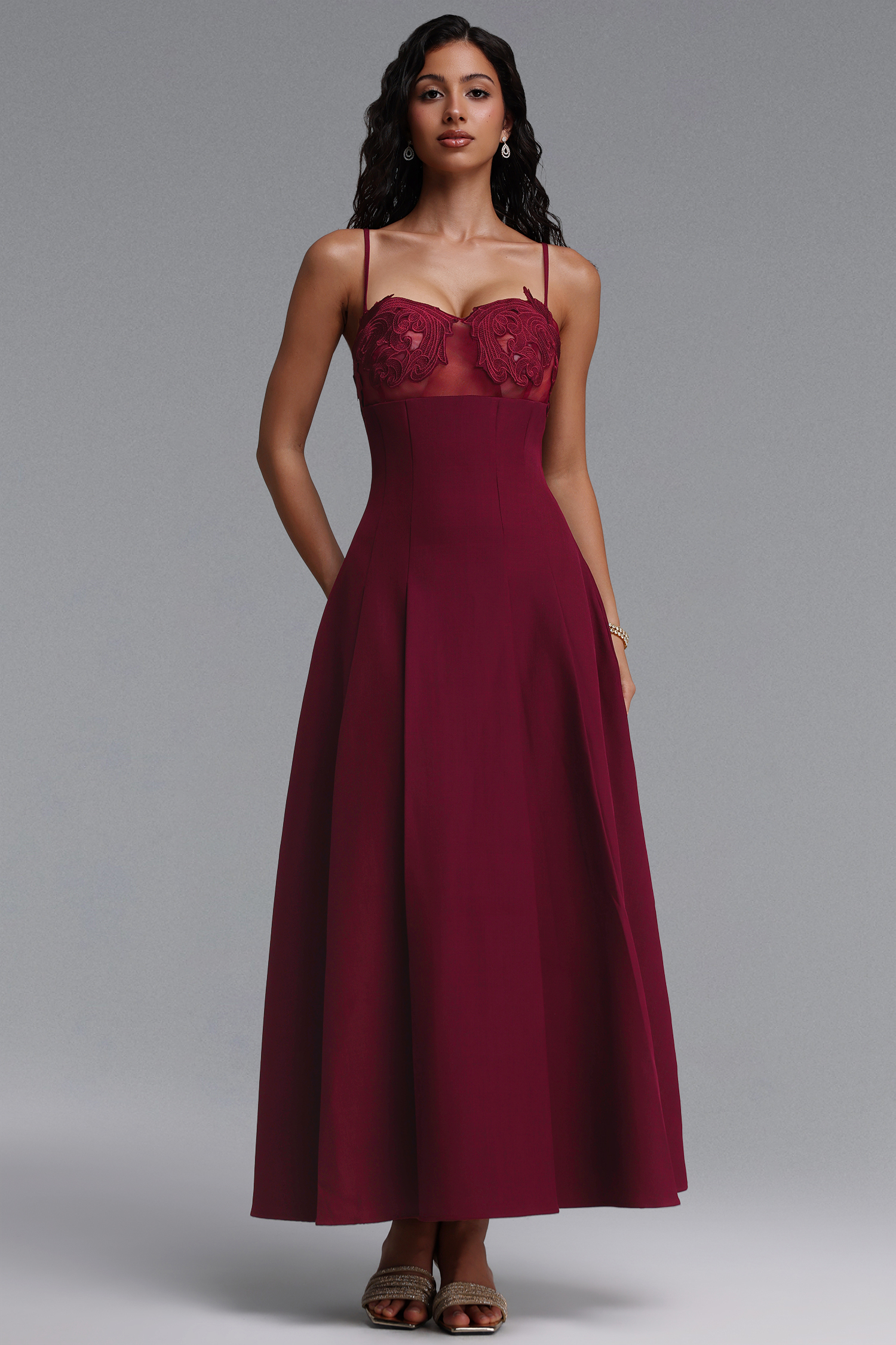 Yvan Elegant Cinched-Waist Spaghetti Strap Embroidered A-Line Maxi Dress