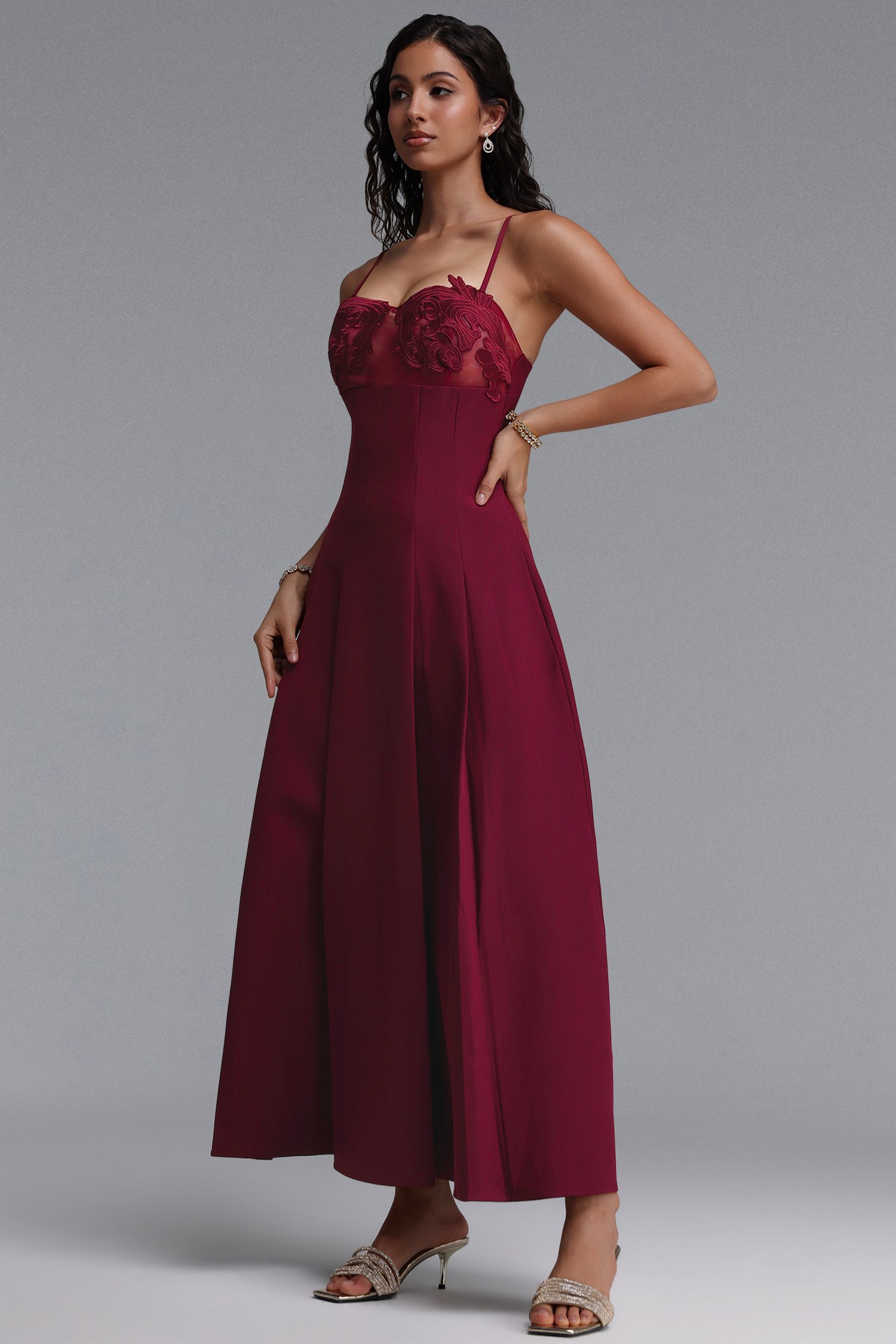 Yvan Elegant Cinched-Waist Spaghetti Strap Embroidered A-Line Maxi Dress
