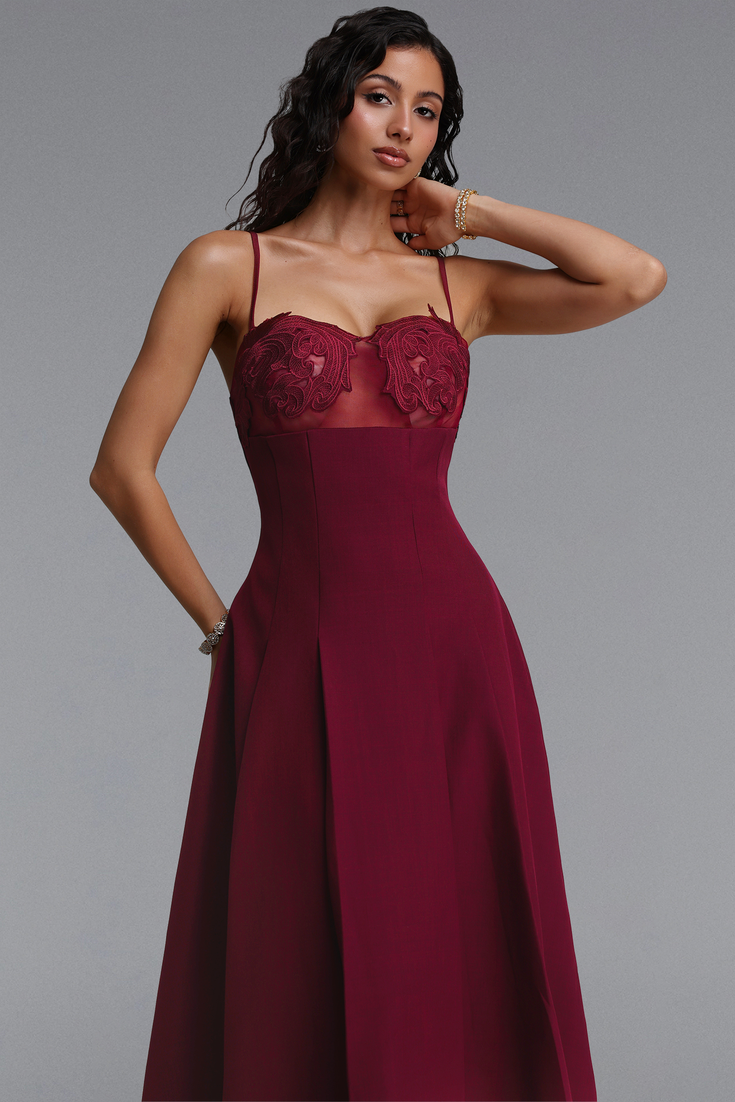 Yvan Elegant Cinched-Waist Spaghetti Strap Embroidered A-Line Maxi Dress
