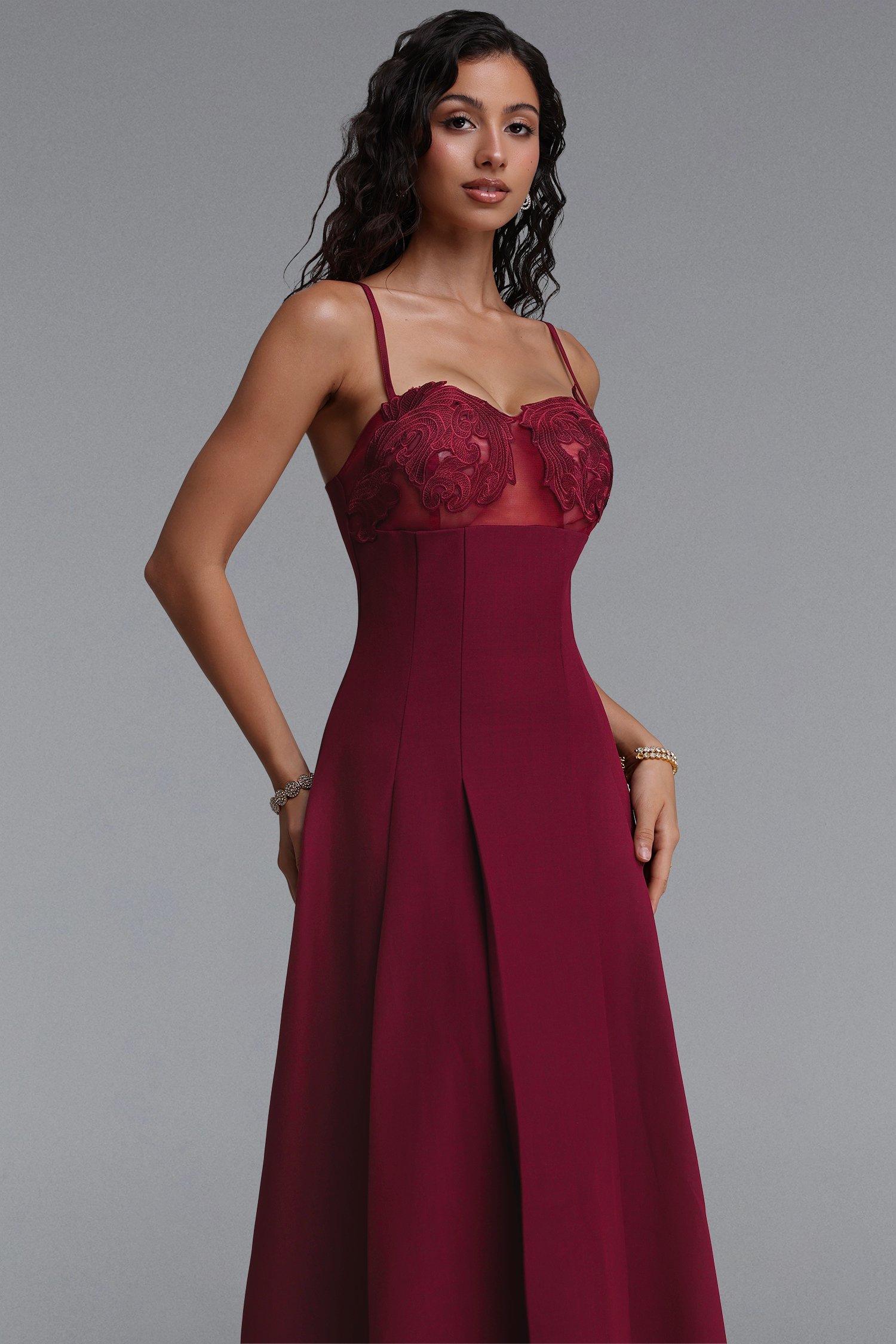 Yvan Elegant Cinched-Waist Spaghetti Strap Embroidered A-Line Maxi Dress