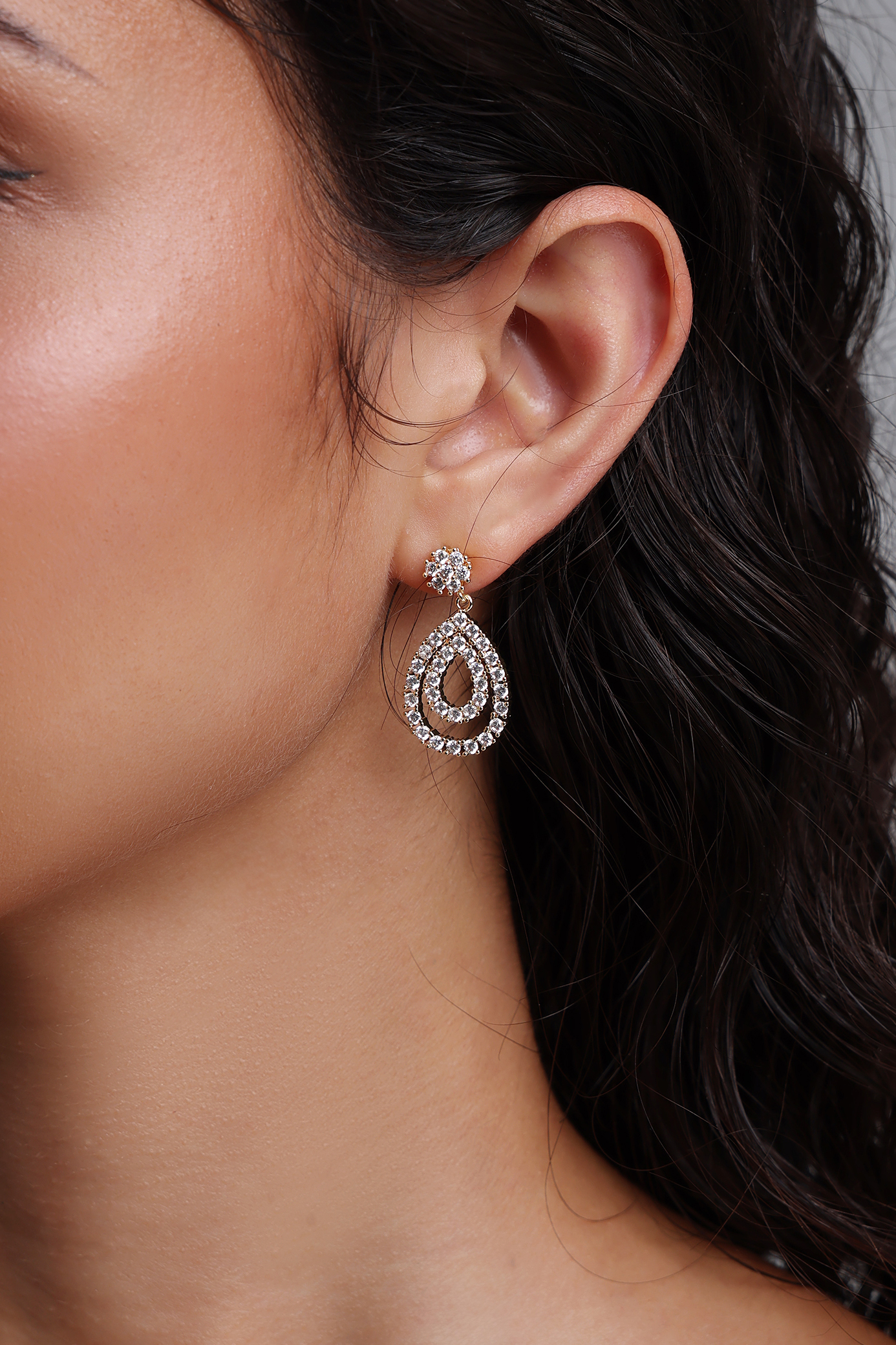 Villa Double Layer Diamond Hollow Teardrop Drop Gold Earrings