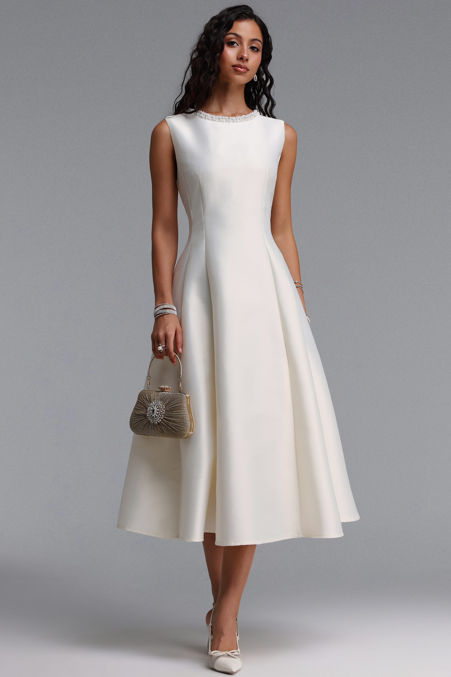 Velma Minimalist Cinched-Waist Sleeveless Pearl Rhinestone A-Line Maxi Dress