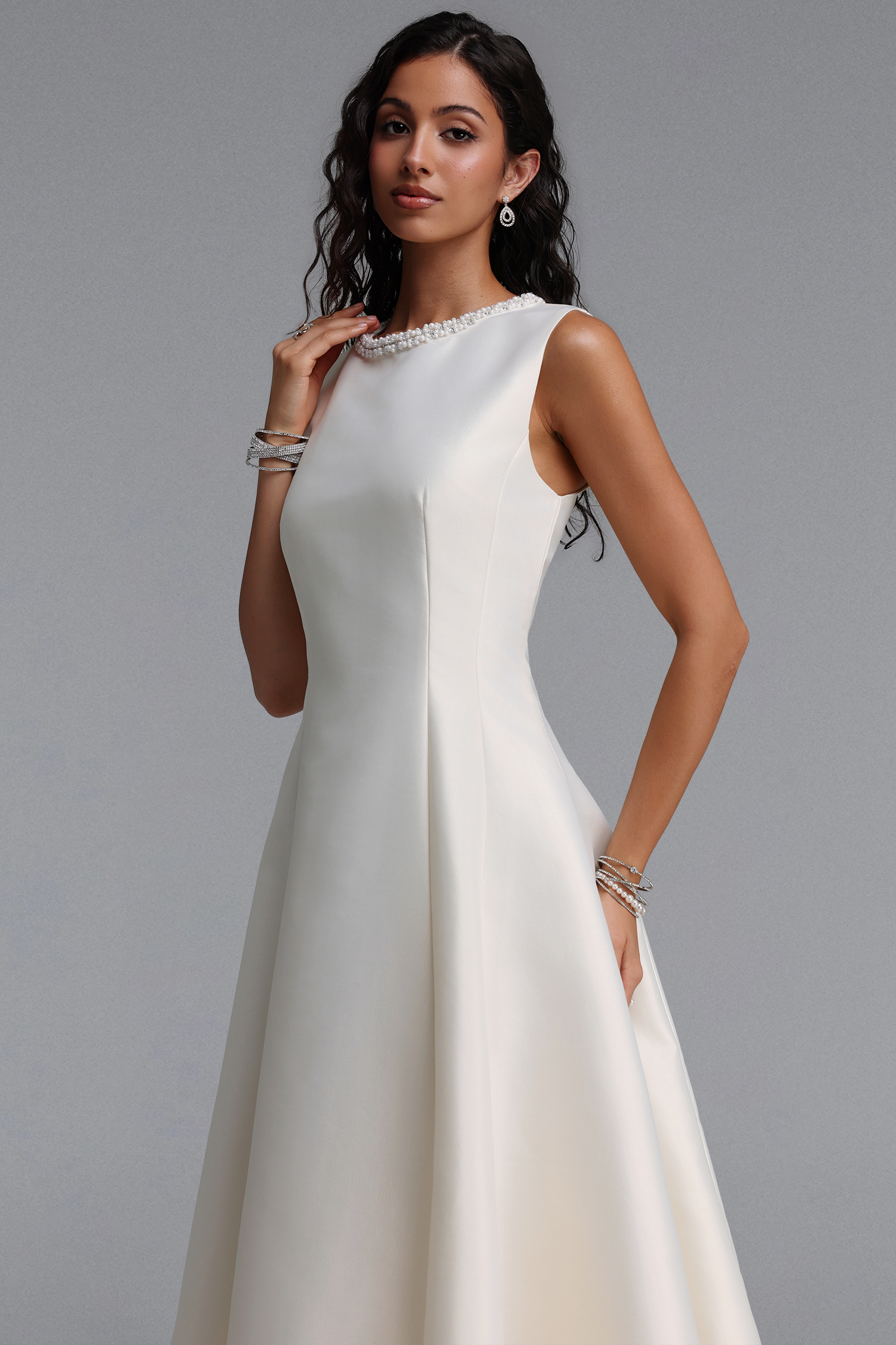 Velma Minimalist Cinched-Waist Sleeveless Pearl Rhinestone A-Line Maxi Dress