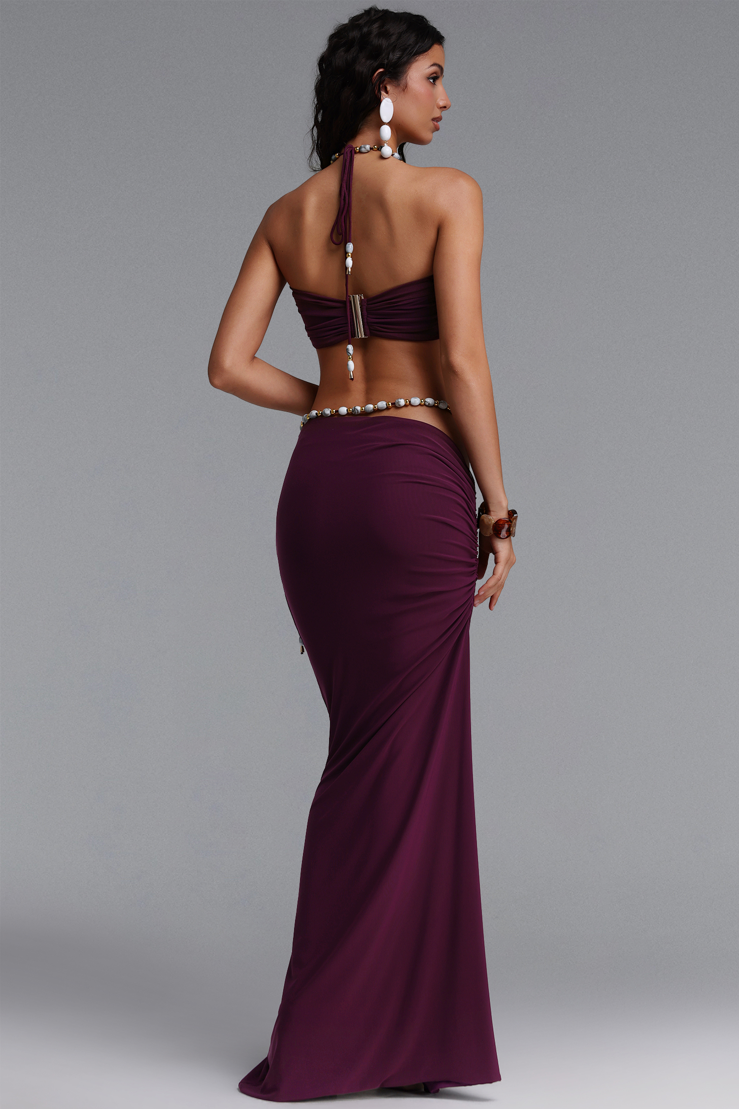 Varo Chic Flowy Beaded Top And Ruched Purple Skirt Set