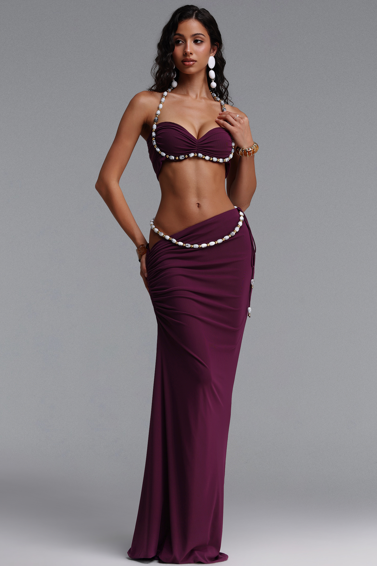 Varo Chic Flowy Beaded Top And Ruched Purple Skirt Set