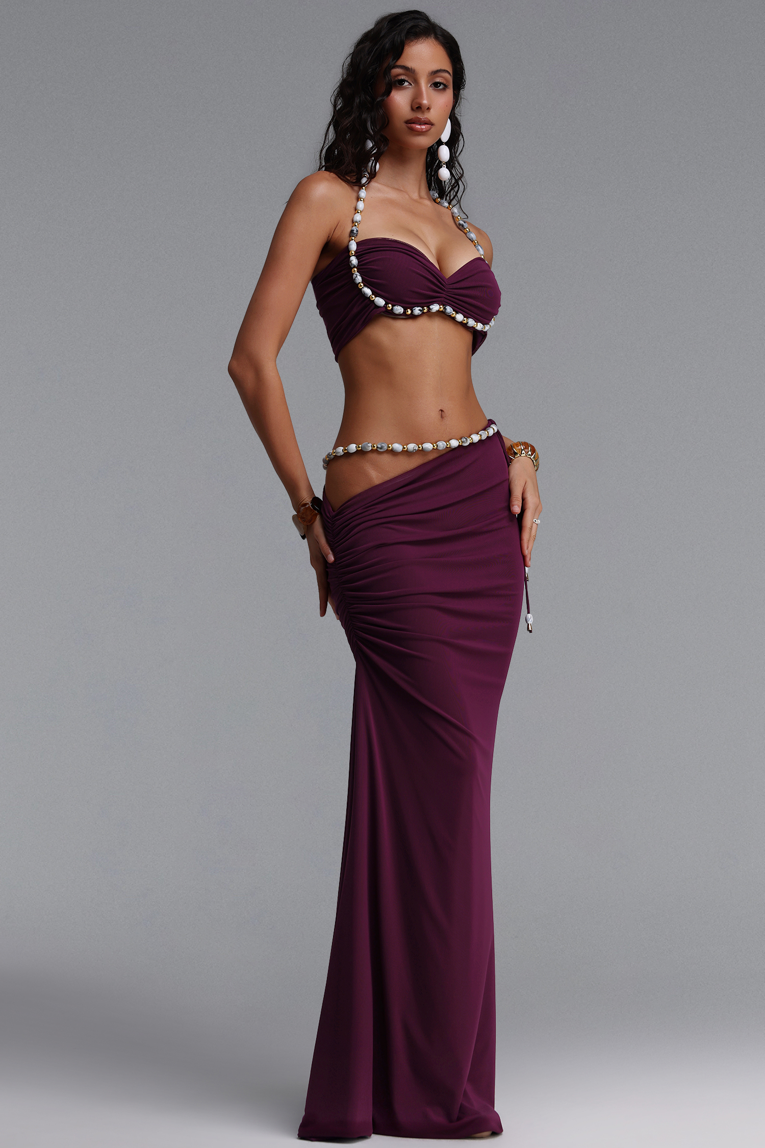 Varo Chic Flowy Beaded Top And Ruched Purple Skirt Set