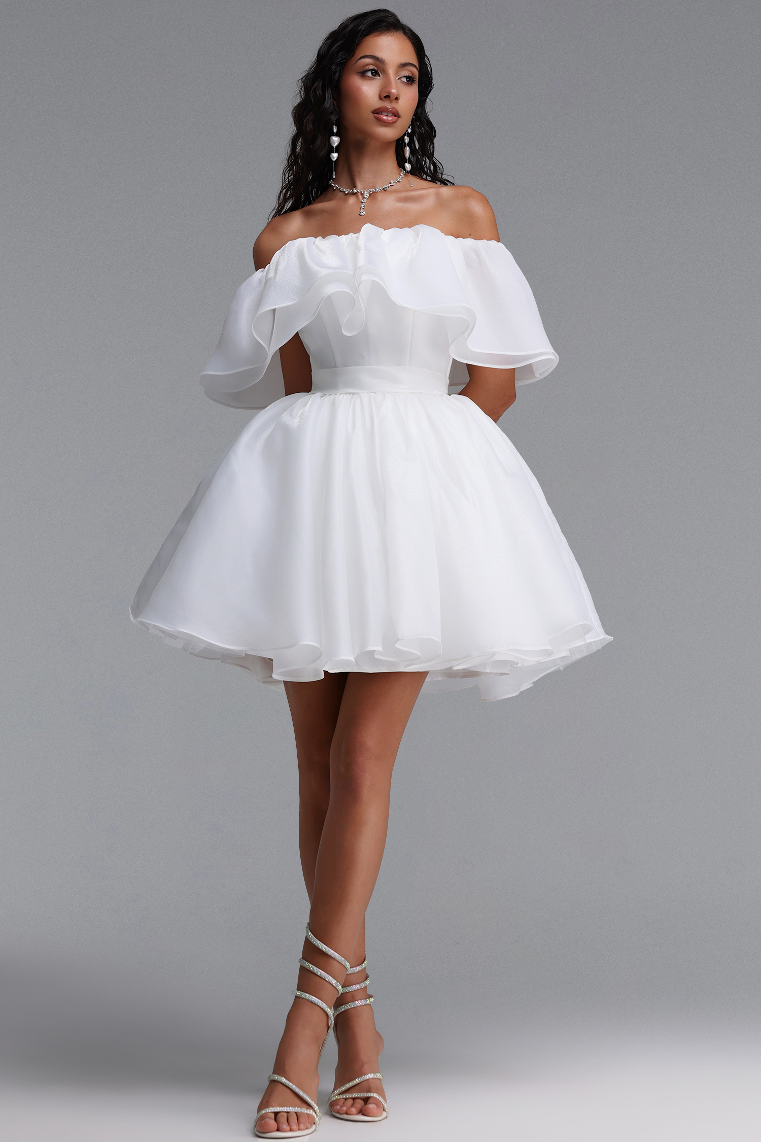 Uercia Elegant Cinched-Waist Ruched Organza Voluminous Mini Dress