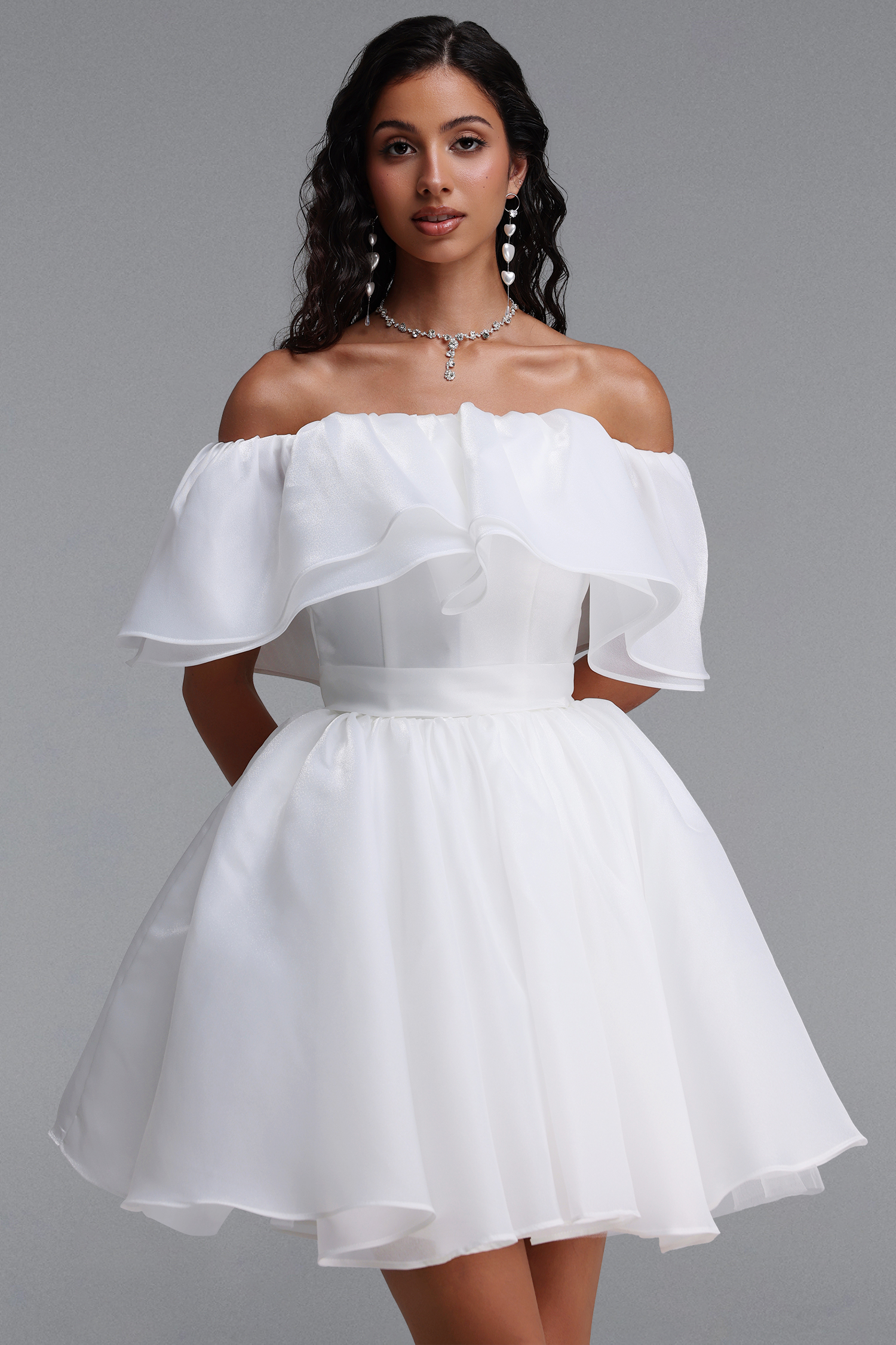 Uercia Elegant Cinched-Waist Ruched Organza Voluminous Mini Dress
