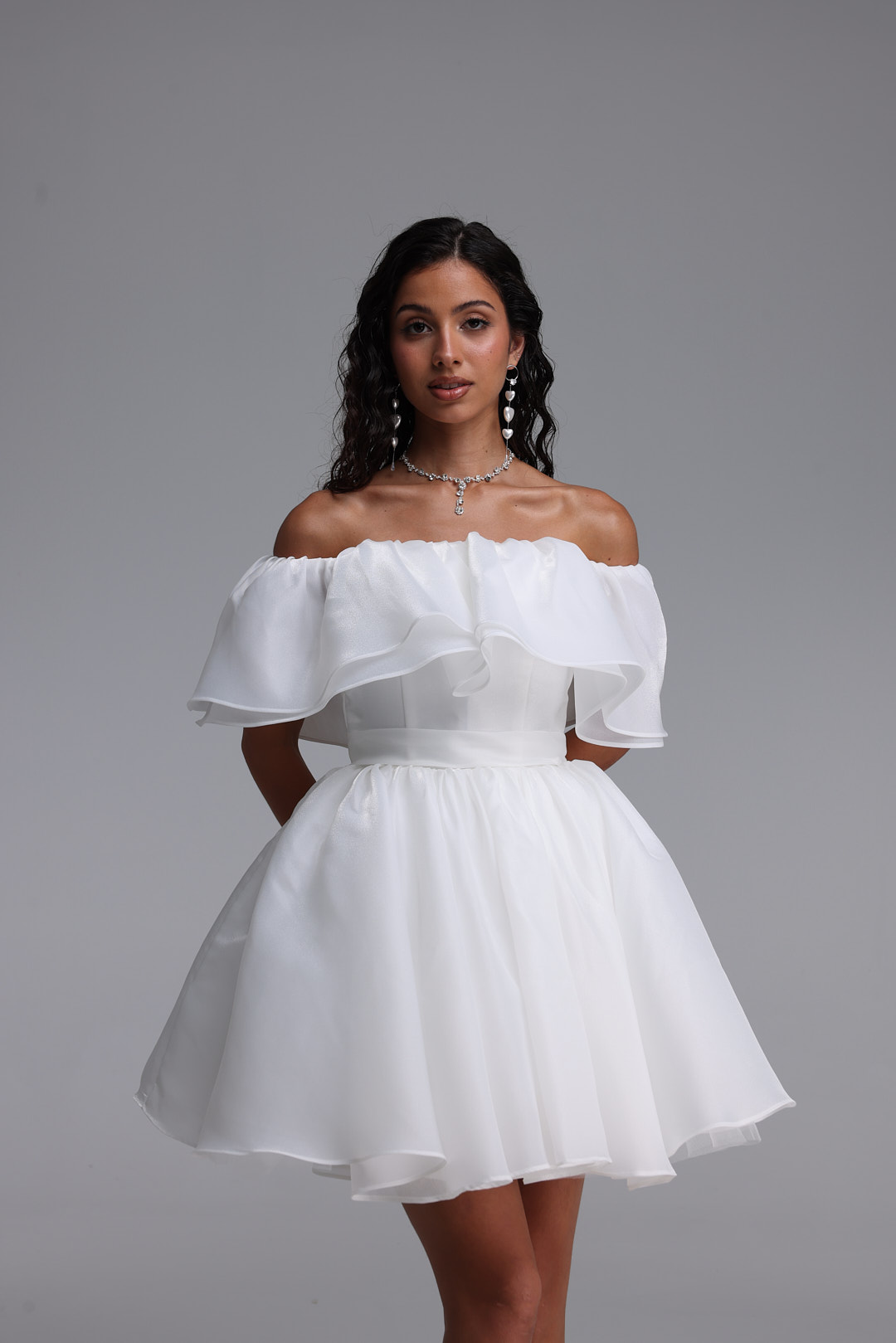Uercia Elegant Cinched-Waist Ruched Organza Voluminous Mini Dress