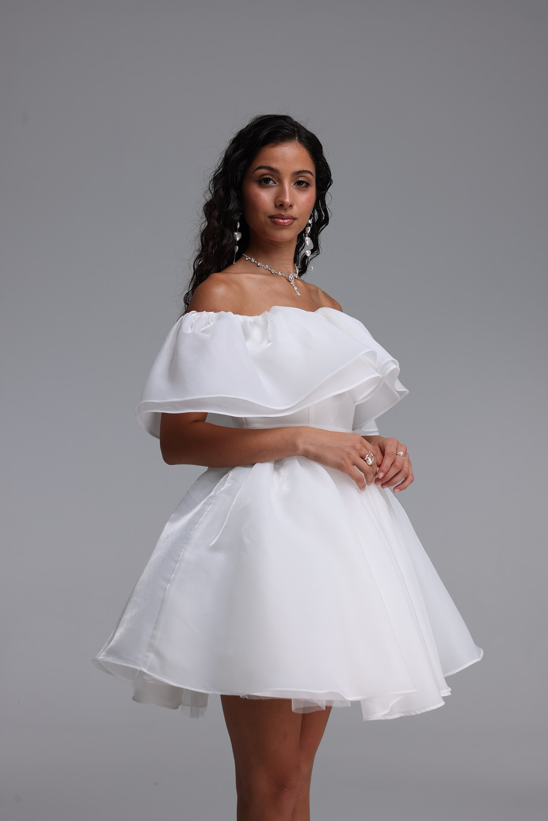 Uercia Elegant Cinched-Waist Ruched Organza Voluminous Mini Dress