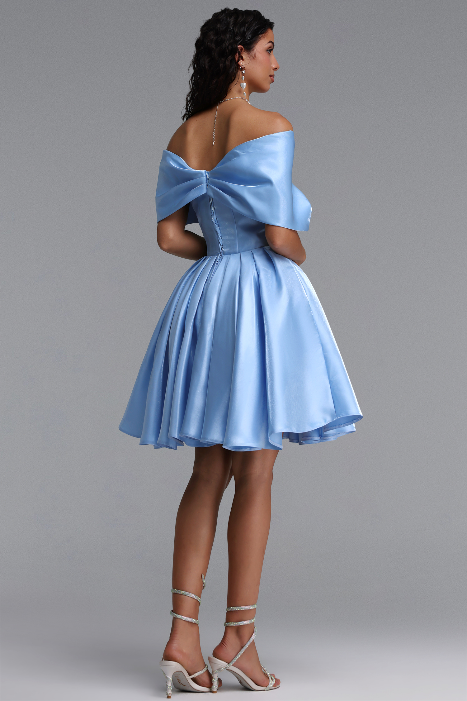 Dorothy Elegant Cinched-Waist Off Shoulder Ruched Voluminous Glossy Satin Mini Dress