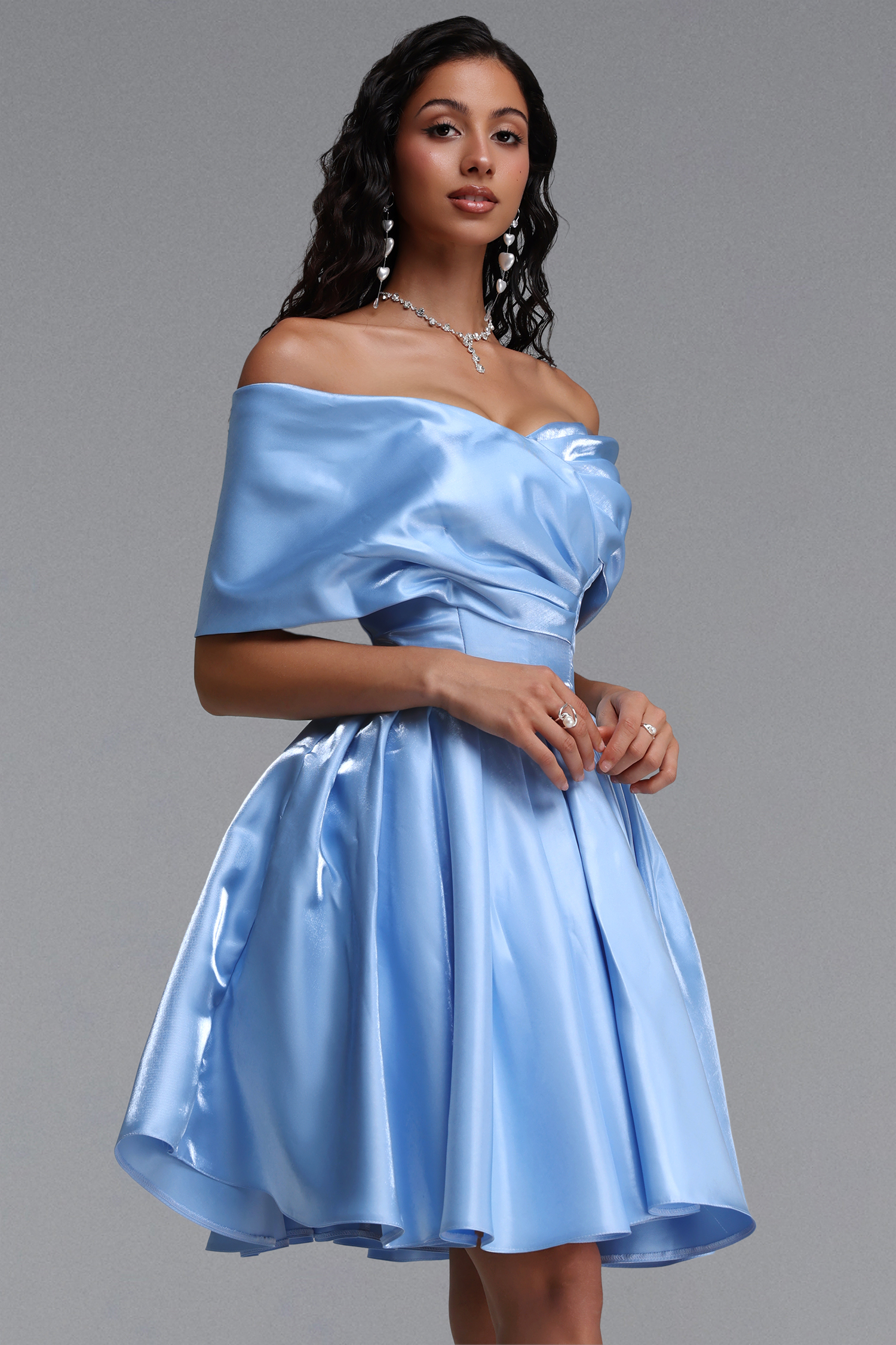 Dorothy Elegant Cinched-Waist Off Shoulder Ruched Voluminous Glossy Satin Mini Dress