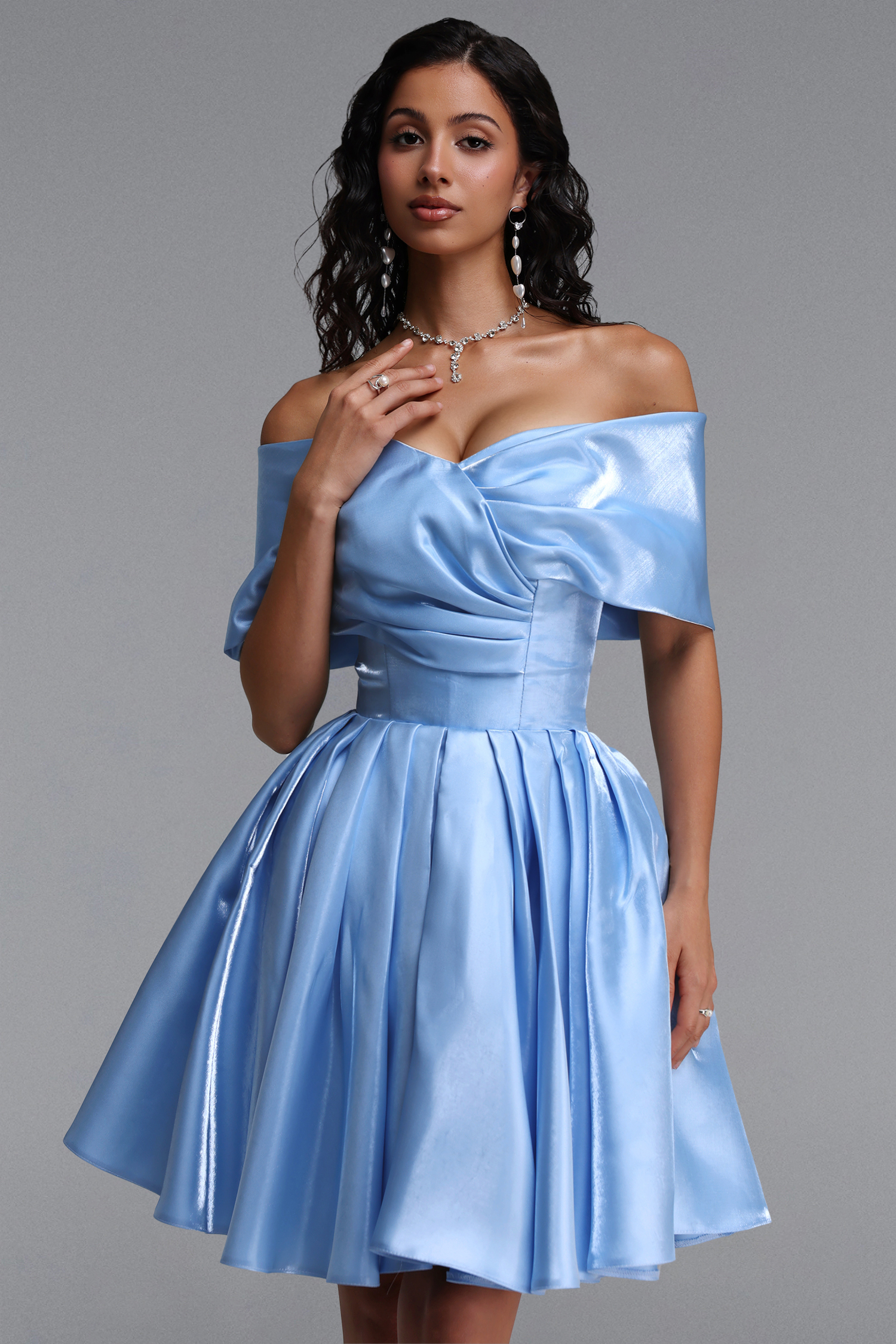 Dorothy Elegant Cinched-Waist Off Shoulder Ruched Voluminous Glossy Satin Mini Dress