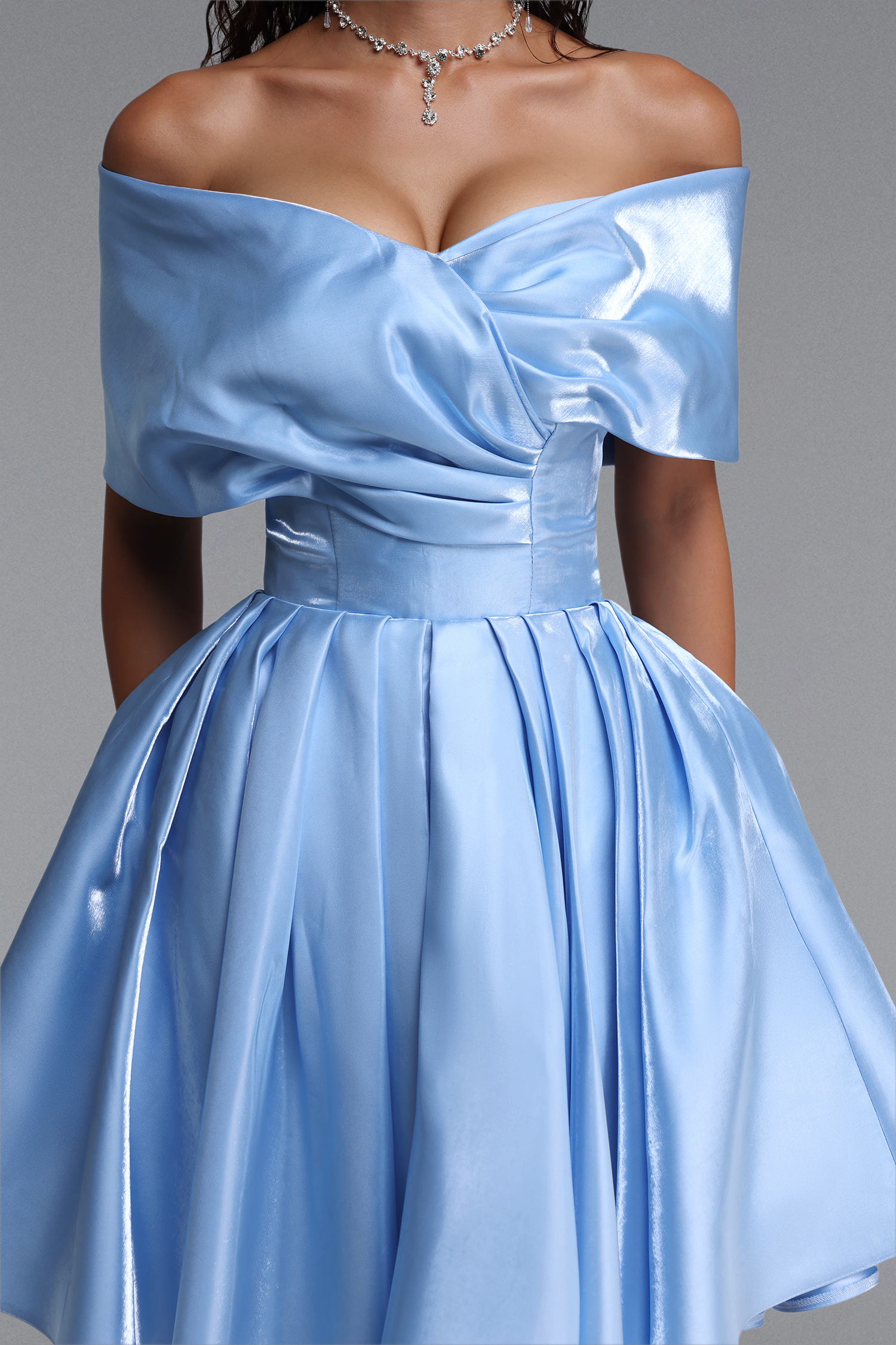 Dorothy Elegant Cinched-Waist Off Shoulder Ruched Voluminous Glossy Satin Mini Dress