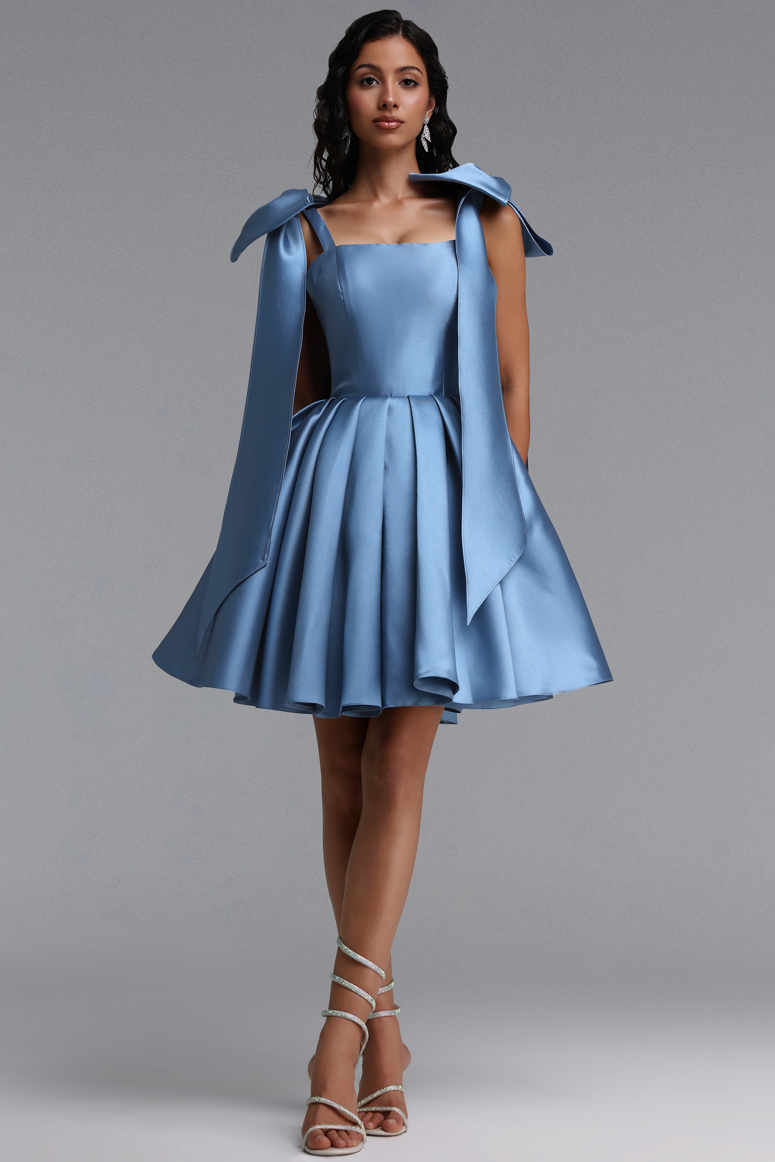 Felia Elegant Cinched-Waist Ruched Bow Satin Voluminous Mini Dress