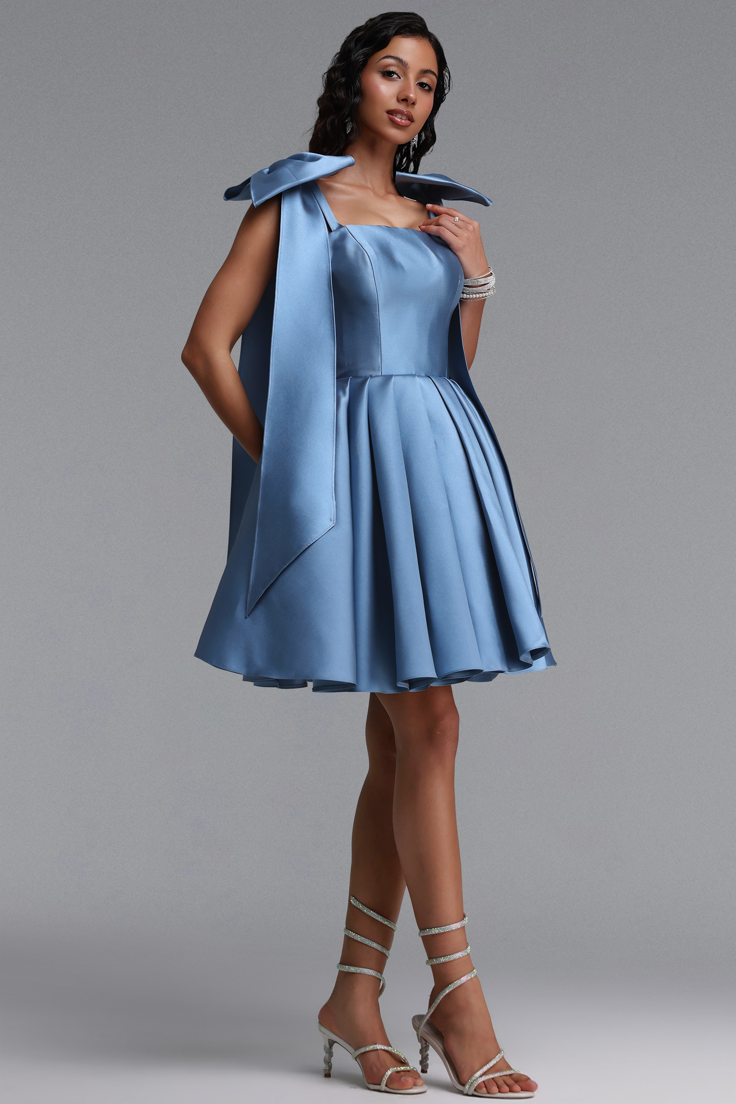Felia Elegant Cinched-Waist Ruched Bow Satin Voluminous Mini Dress