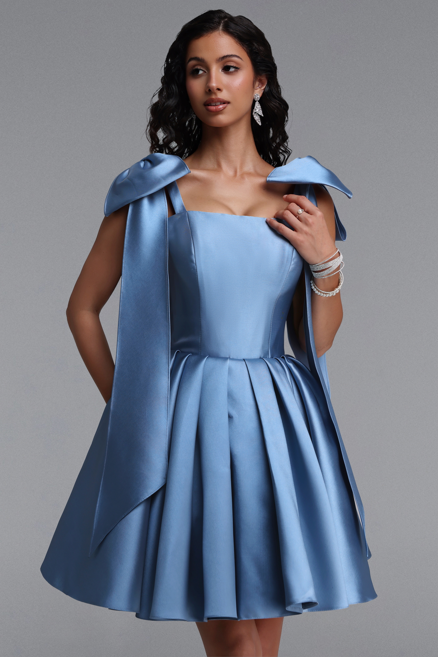 Felia Elegant Cinched-Waist Ruched Bow Satin Voluminous Mini Dress