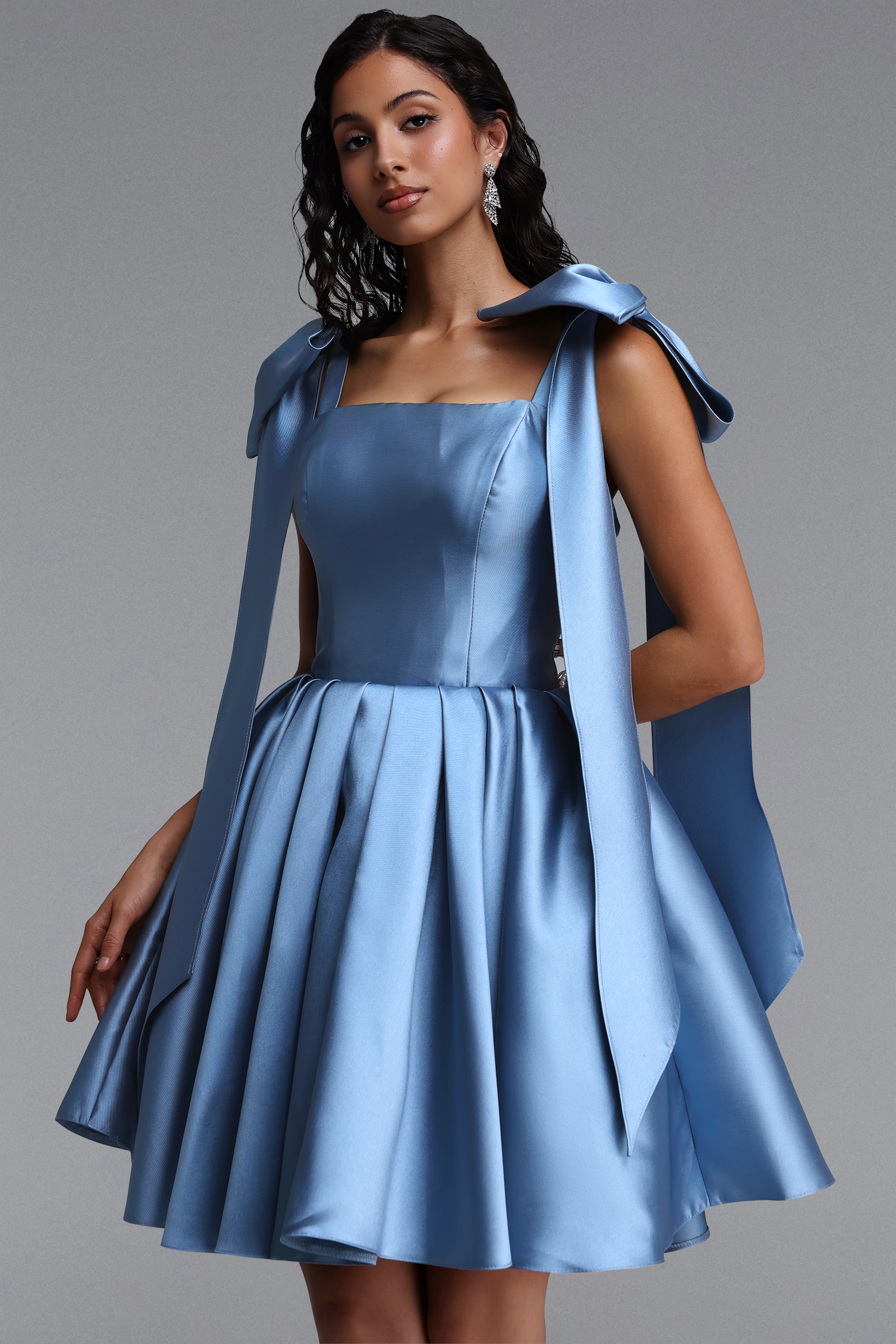 Felia Elegant Cinched-Waist Ruched Bow Satin Voluminous Mini Dress