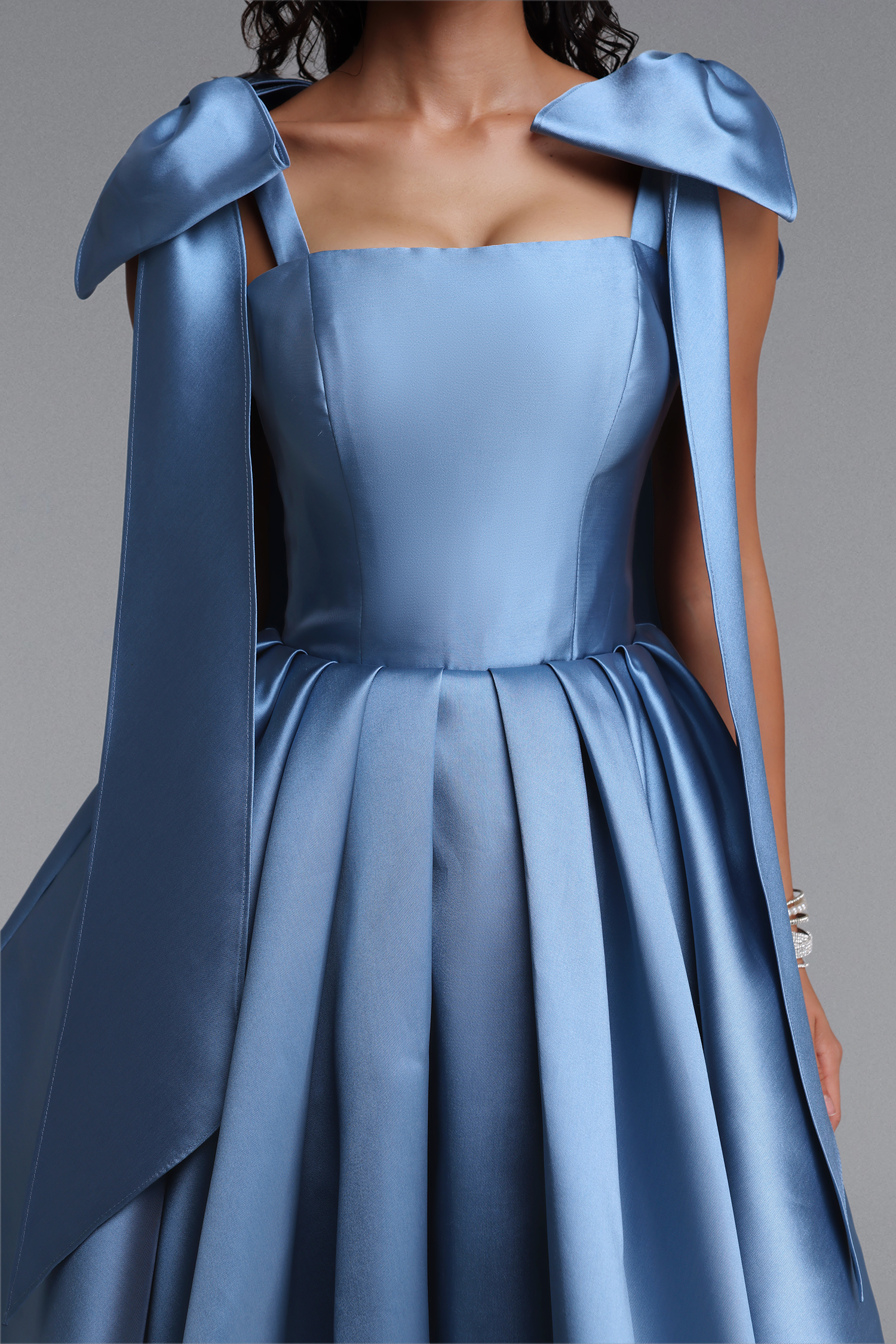 Felia Elegant Cinched-Waist Ruched Bow Satin Voluminous Mini Dress