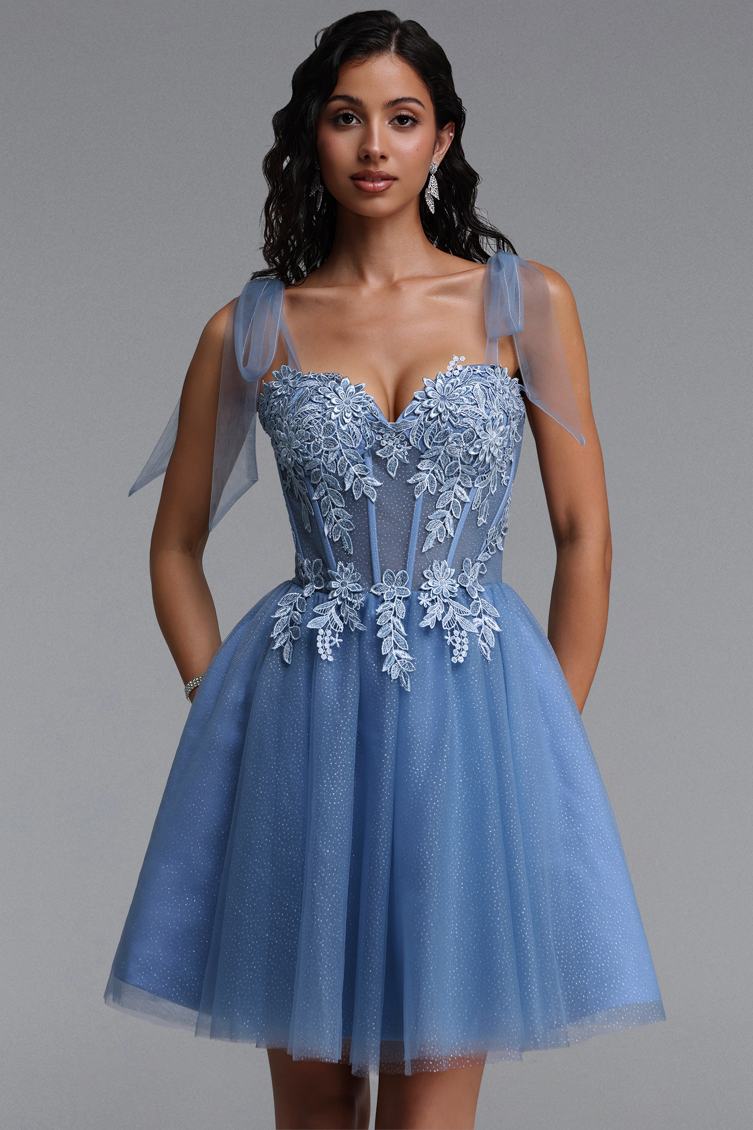 Giada Exquisite Cinched-Waist Spaghetti Strap Lace Tulle Mini