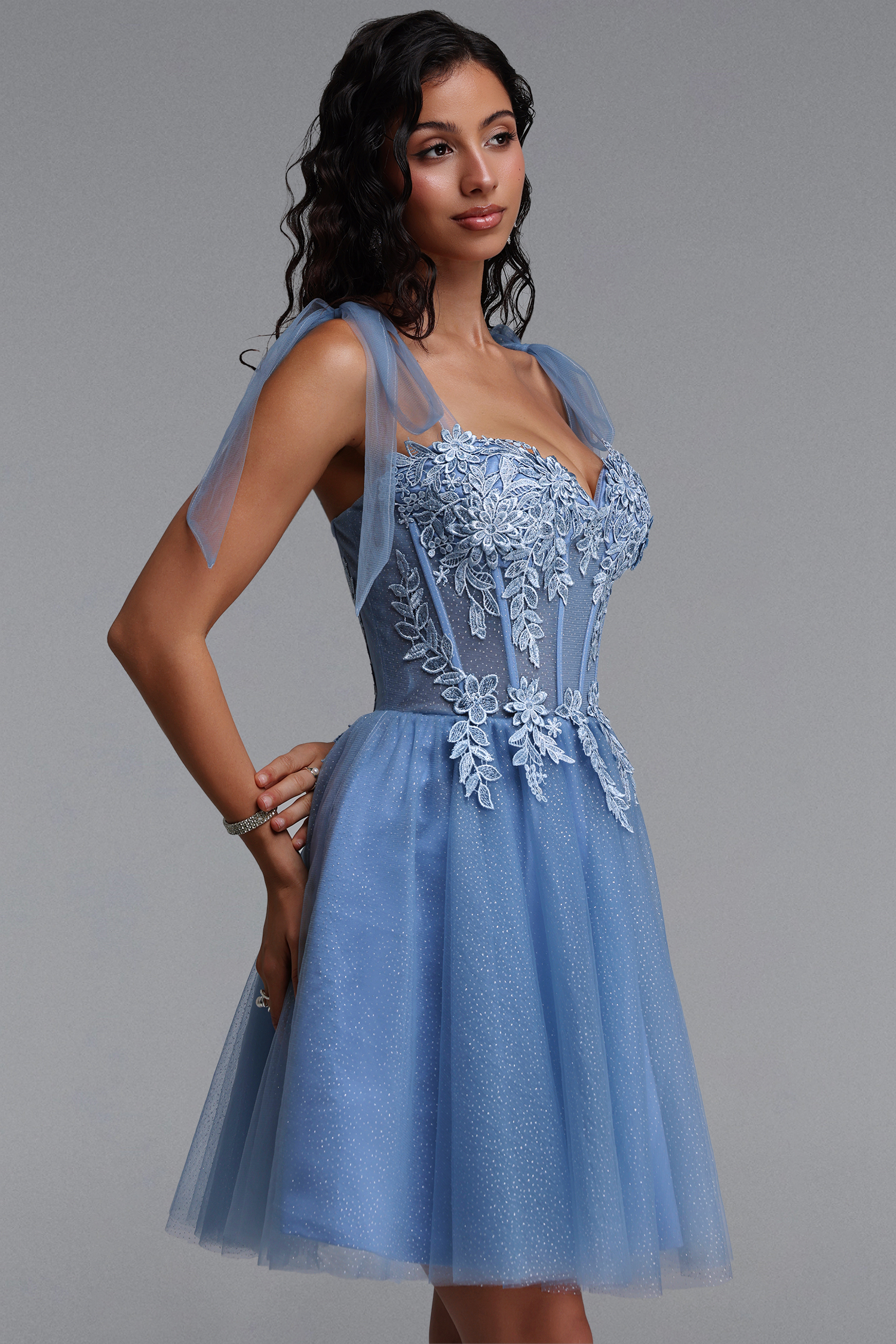 Giada Exquisite Cinched-Waist Spaghetti Strap Lace Tulle Mini Dress