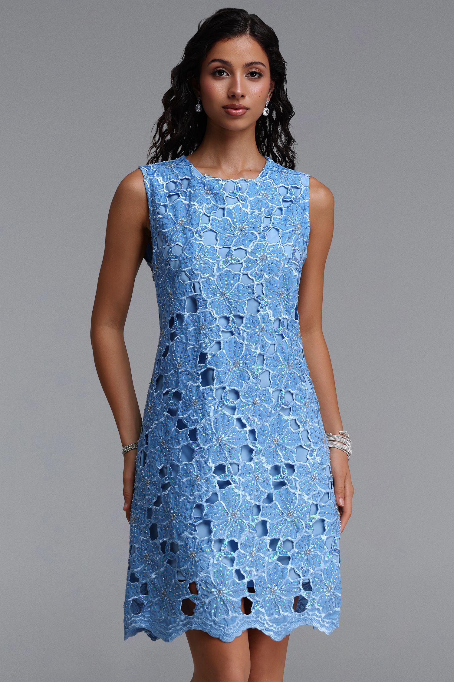 Diana Elegant Tailored Beaded Embroidered Lace A-Line Mini Dress