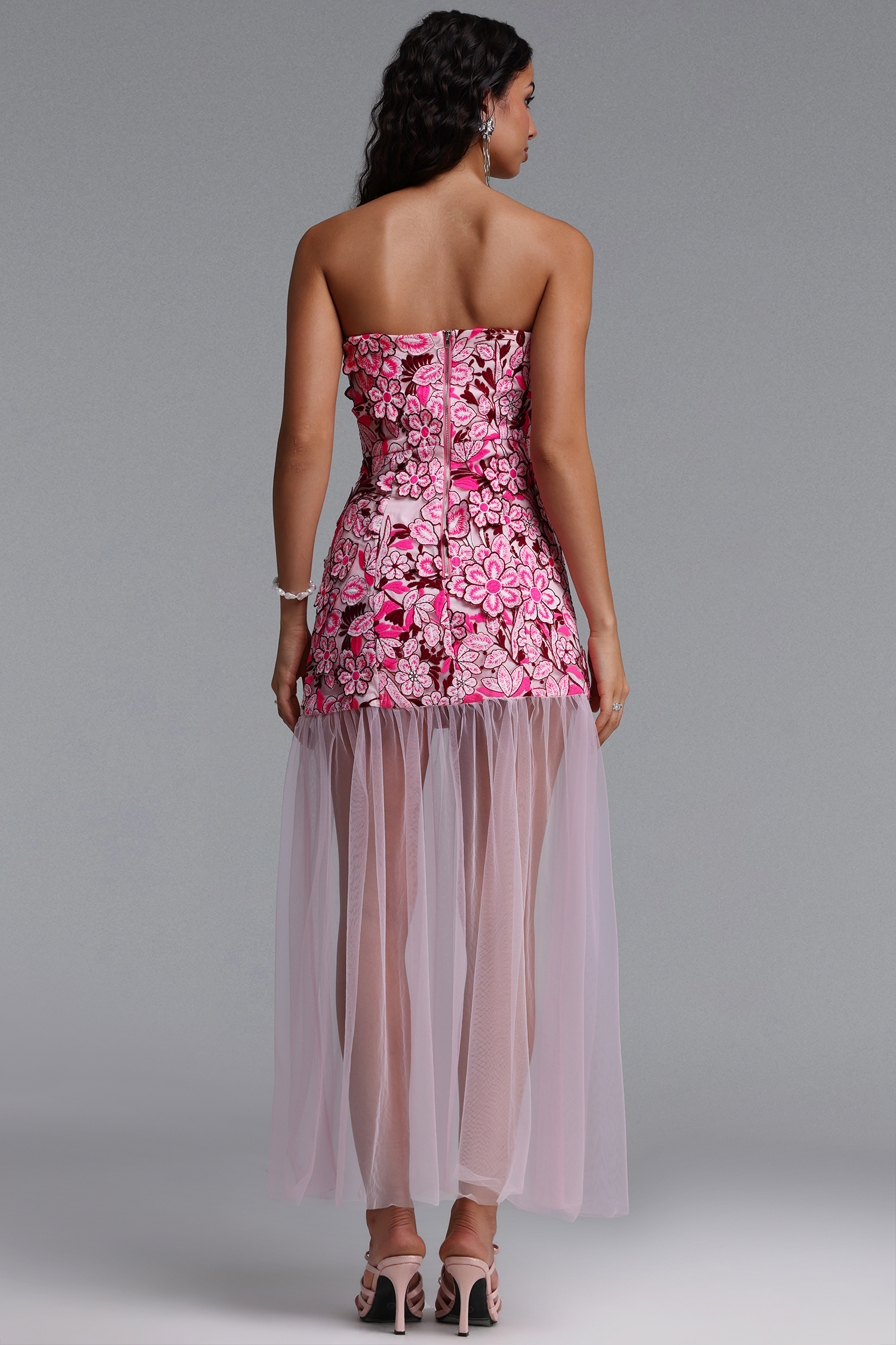 Raxa Exquisite Cinched-Waist Embroidered Floral Midi Dress