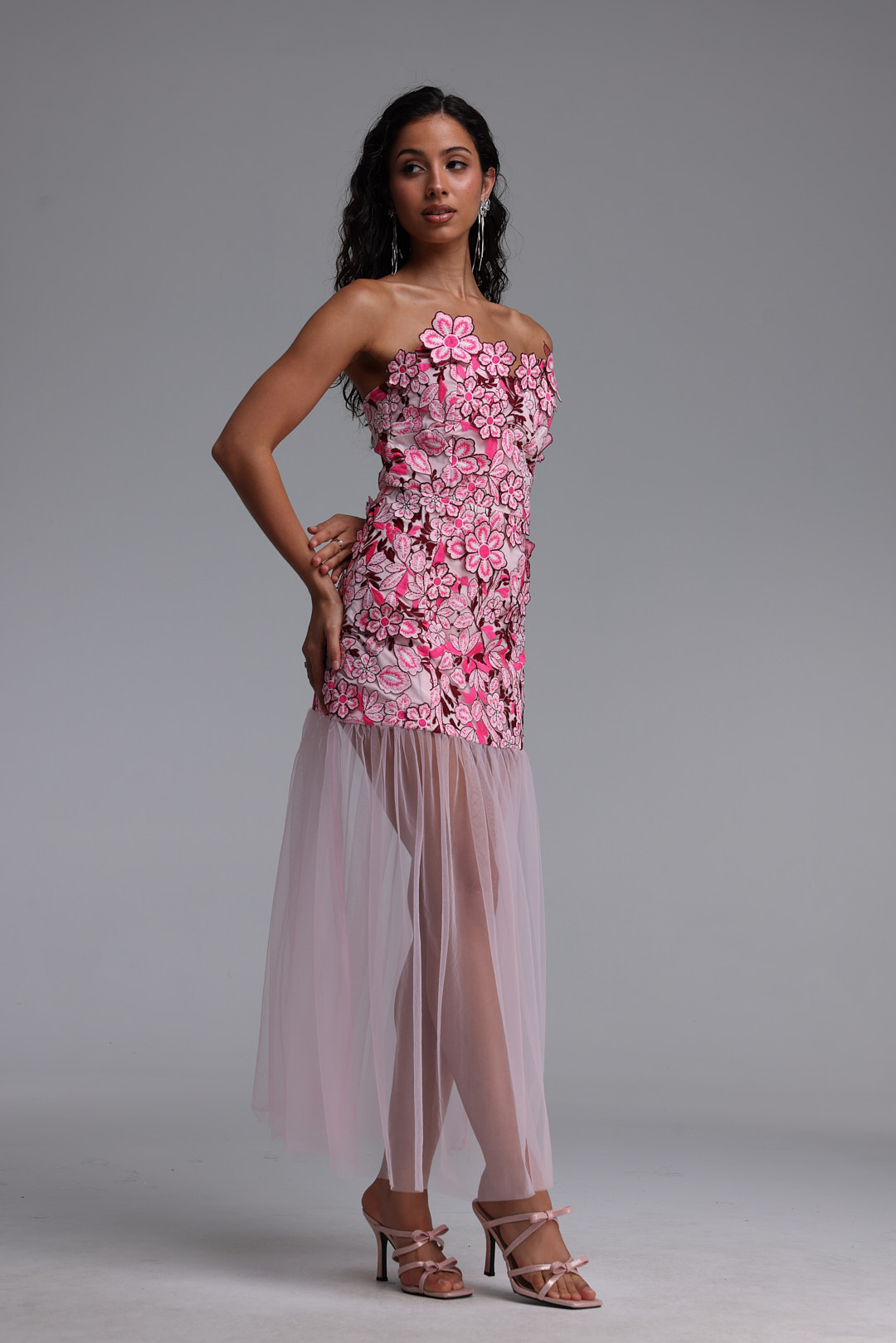 Raxa Exquisite Cinched-Waist Embroidered Floral Midi Dress