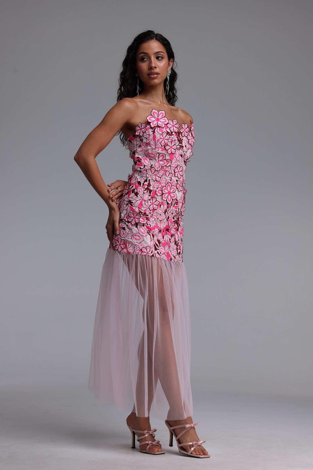 Raxa Exquisite Cinched-Waist Embroidered Floral Midi Dress