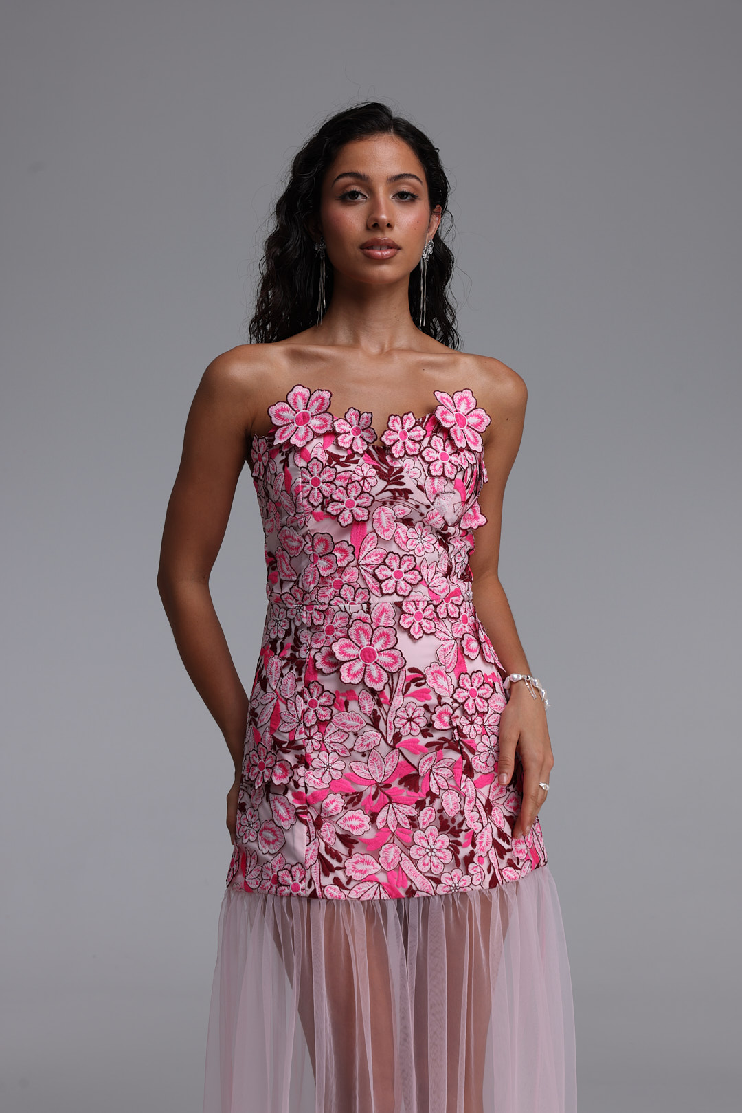 Raxa Exquisite Cinched-Waist Embroidered Floral Midi Dress
